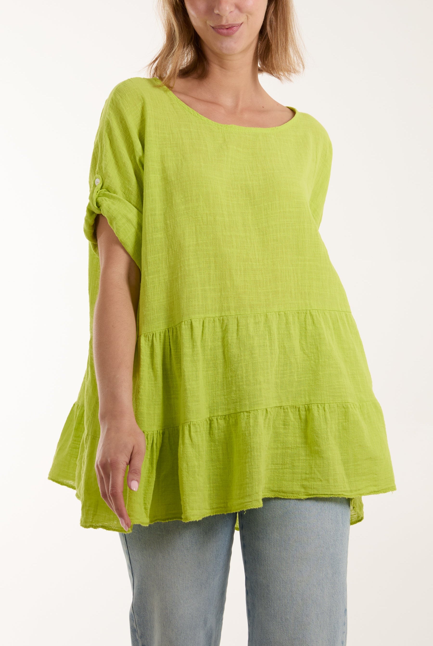 Tiered Smock Cotton Blouse Blouses WearAll Lime One Size
