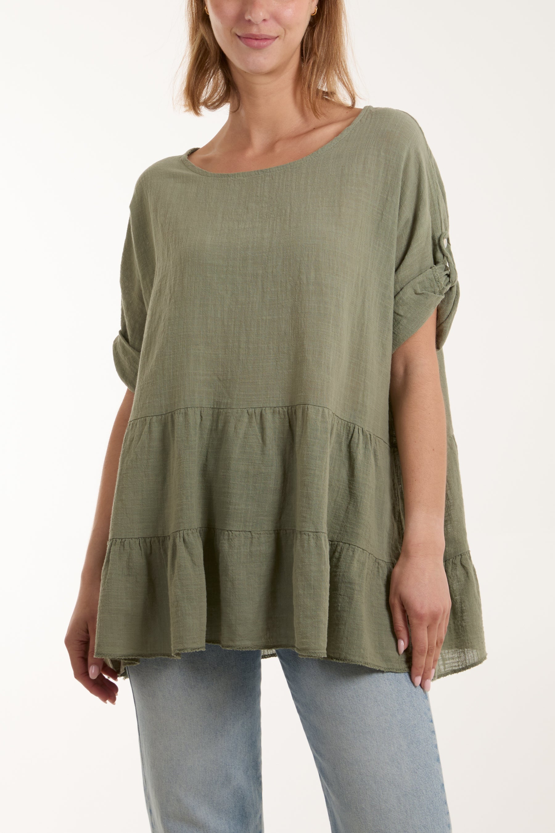 Tiered Smock Cotton Blouse Blouses WearAll Khaki One Size