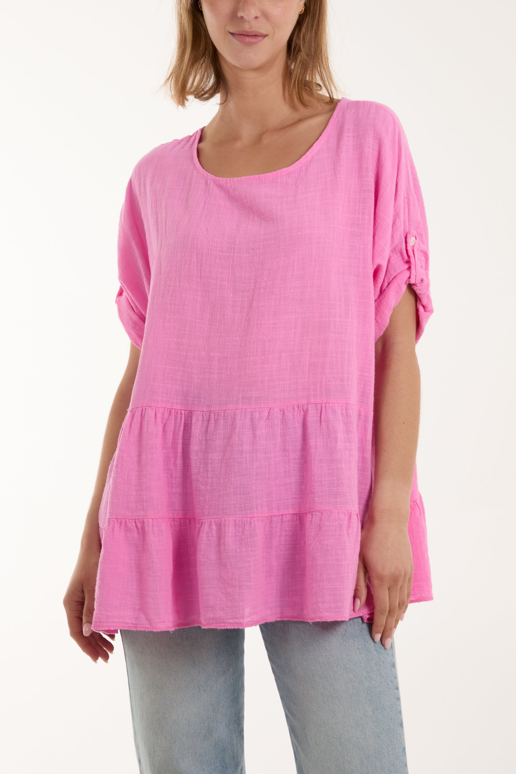 Tiered Smock Cotton Blouse Blouses WearAll BubbleGum Pink One Size