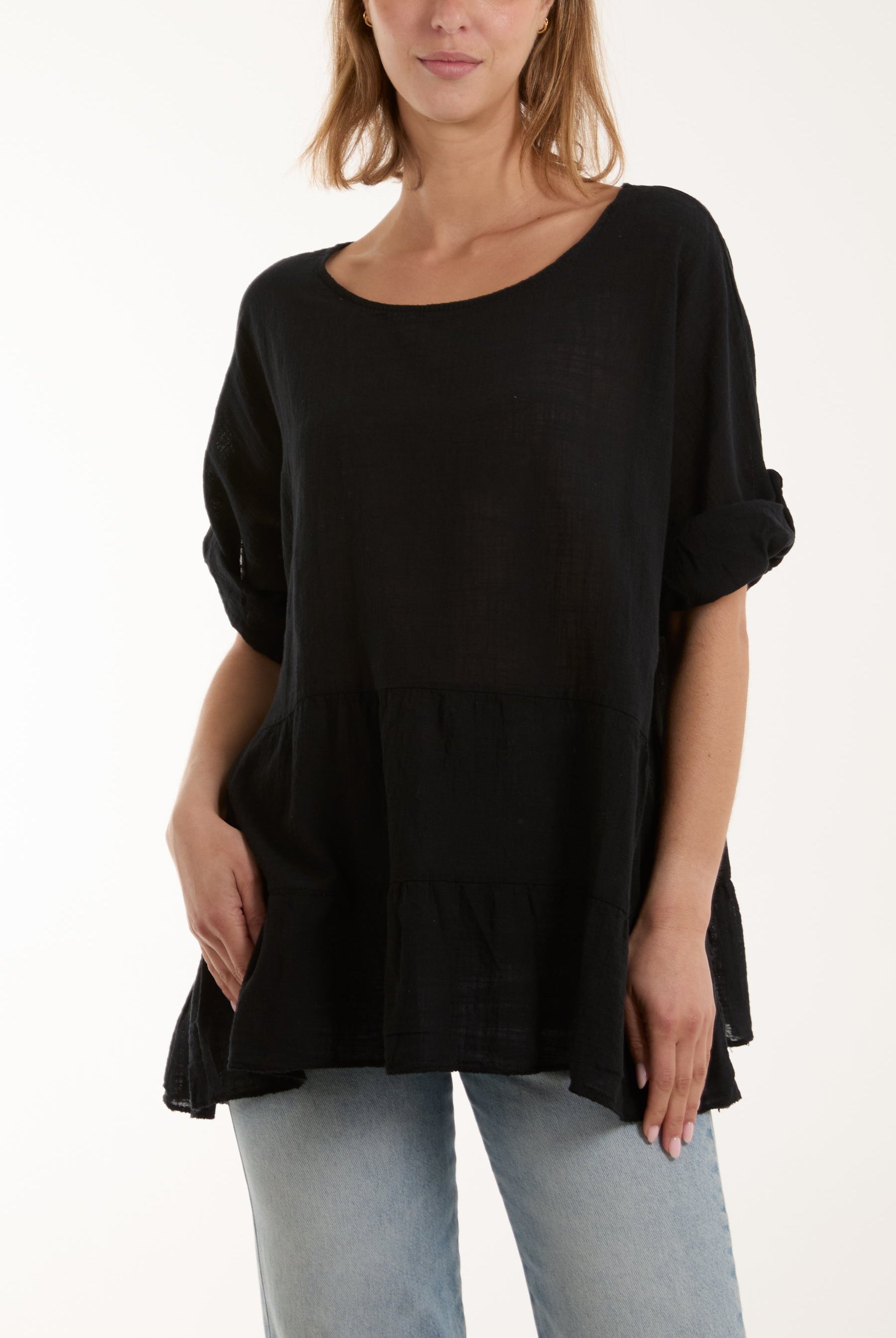 Tiered Smock Cotton Blouse Blouses WearAll Black One Size