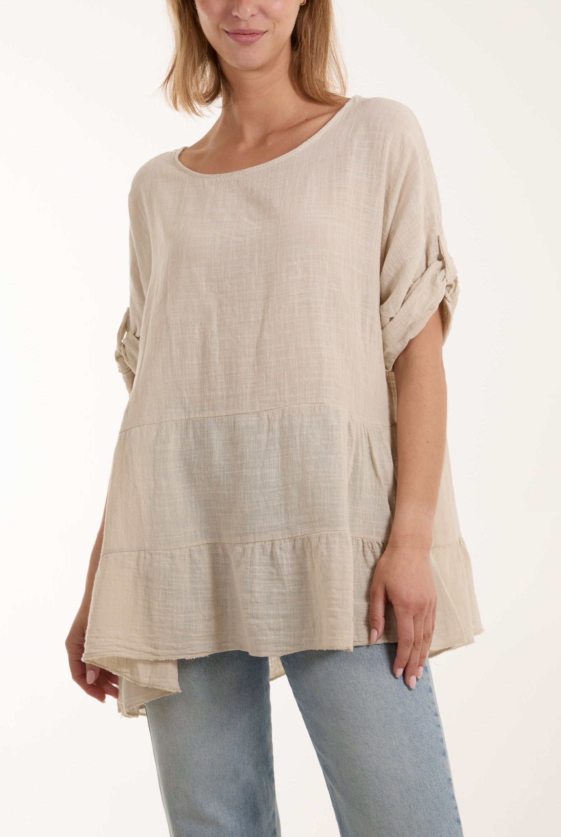 Tiered Smock Cotton Blouse Blouses WearAll Beige One Size