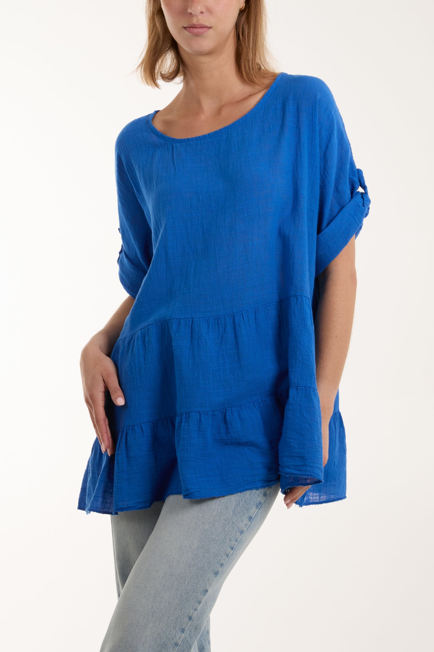 Tiered Smock Cotton Blouse Blouses WearAll Royal Blue One Size