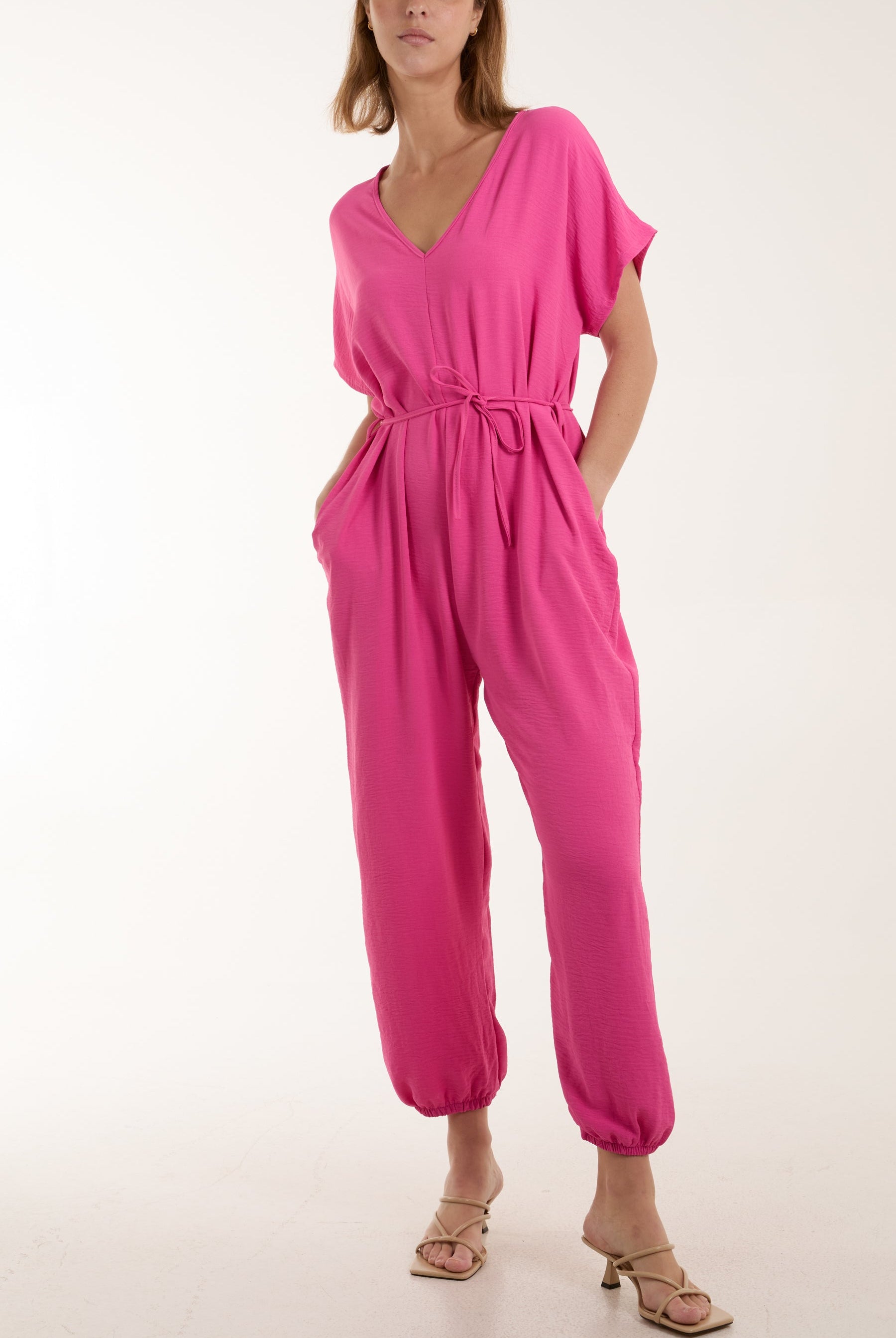 V-Neck Tied Waist Long Jumpsuit Jumpsuits WearAll Hot Pink One Size