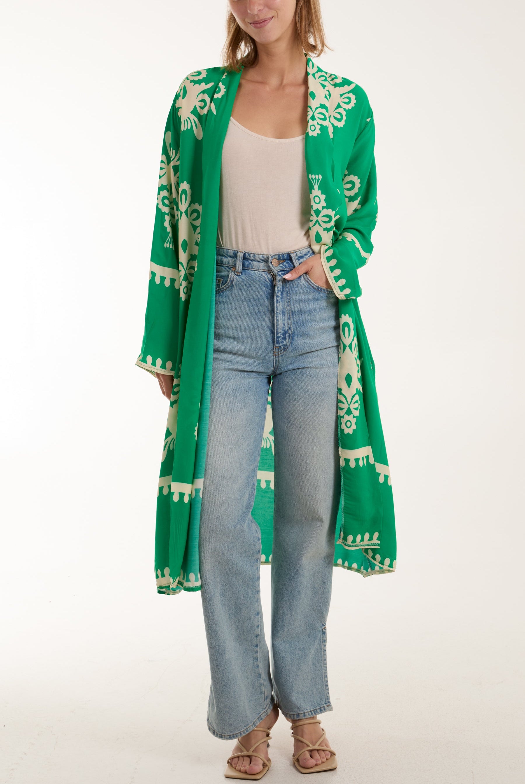Printed Pockets Long Kimono Kimonos WearAll Jade One Size