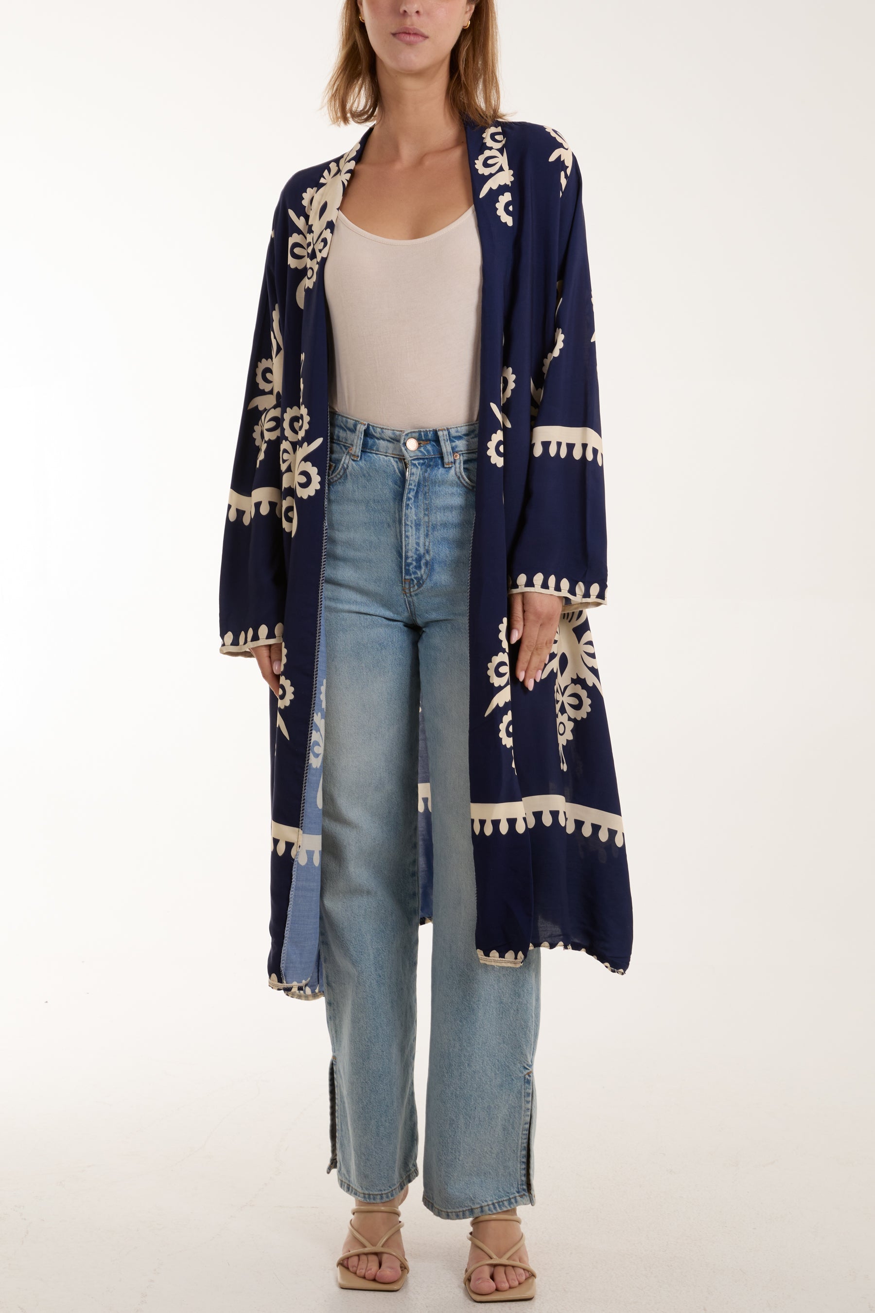 Printed Pockets Long Kimono Kimonos WearAll Navy One Size