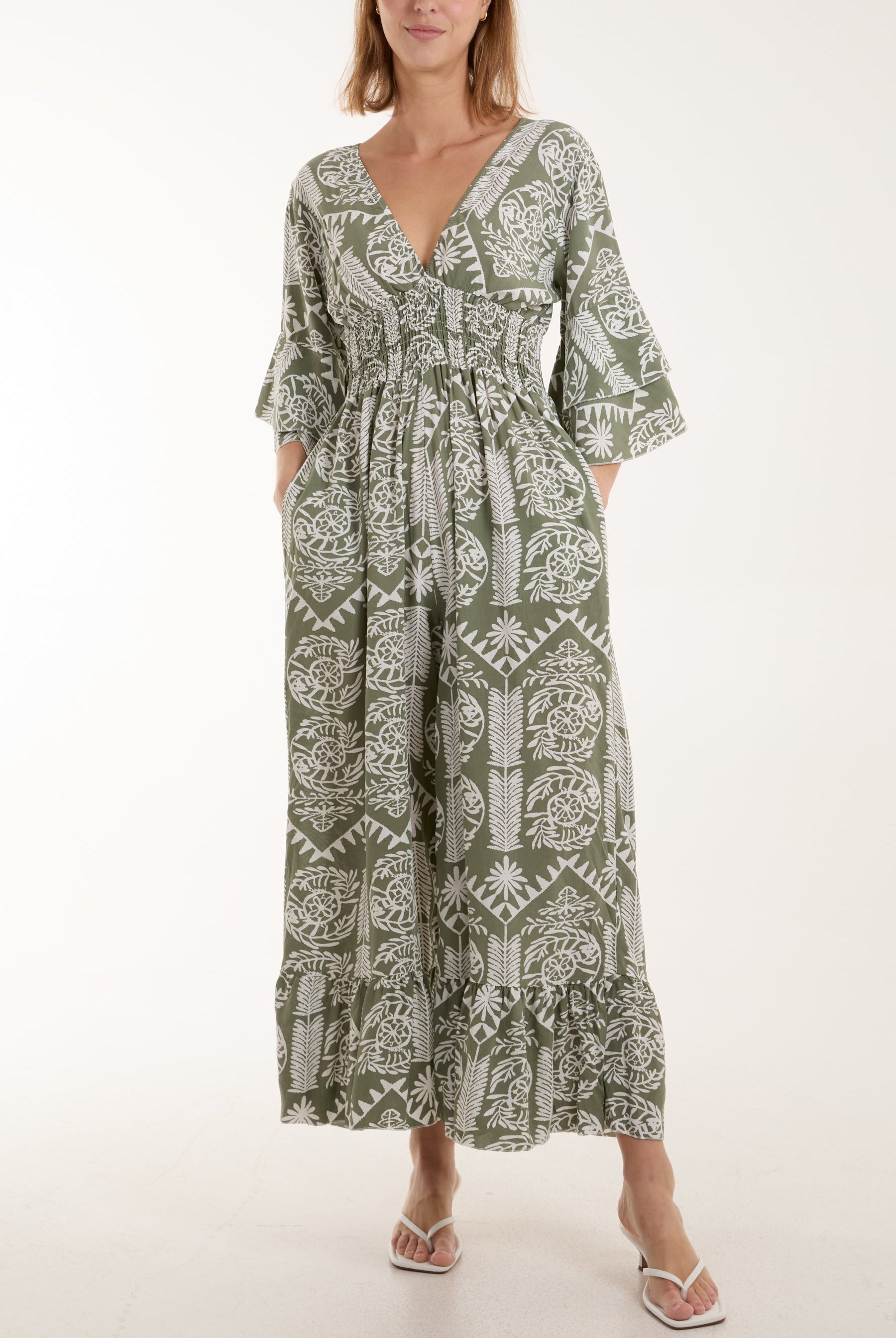 Baroque Shirred Bodice Jumpsuit Jumpsuits WearAll Khaki One Size