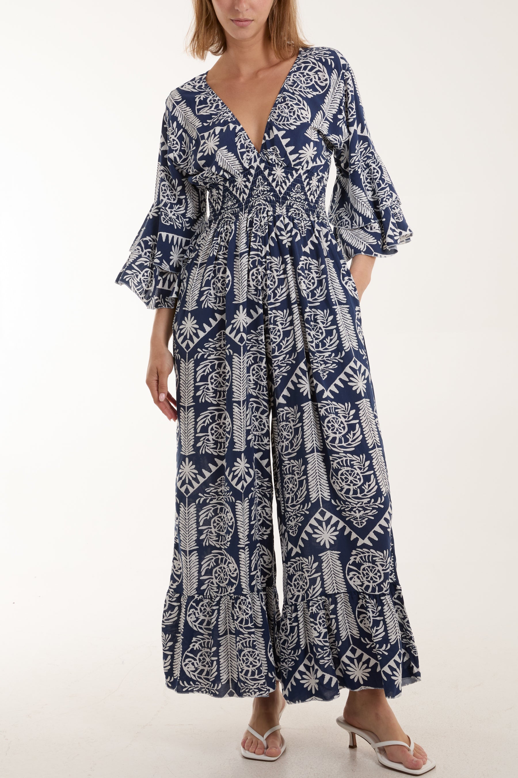 Baroque Shirred Bodice Jumpsuit Jumpsuits WearAll Navy One Size