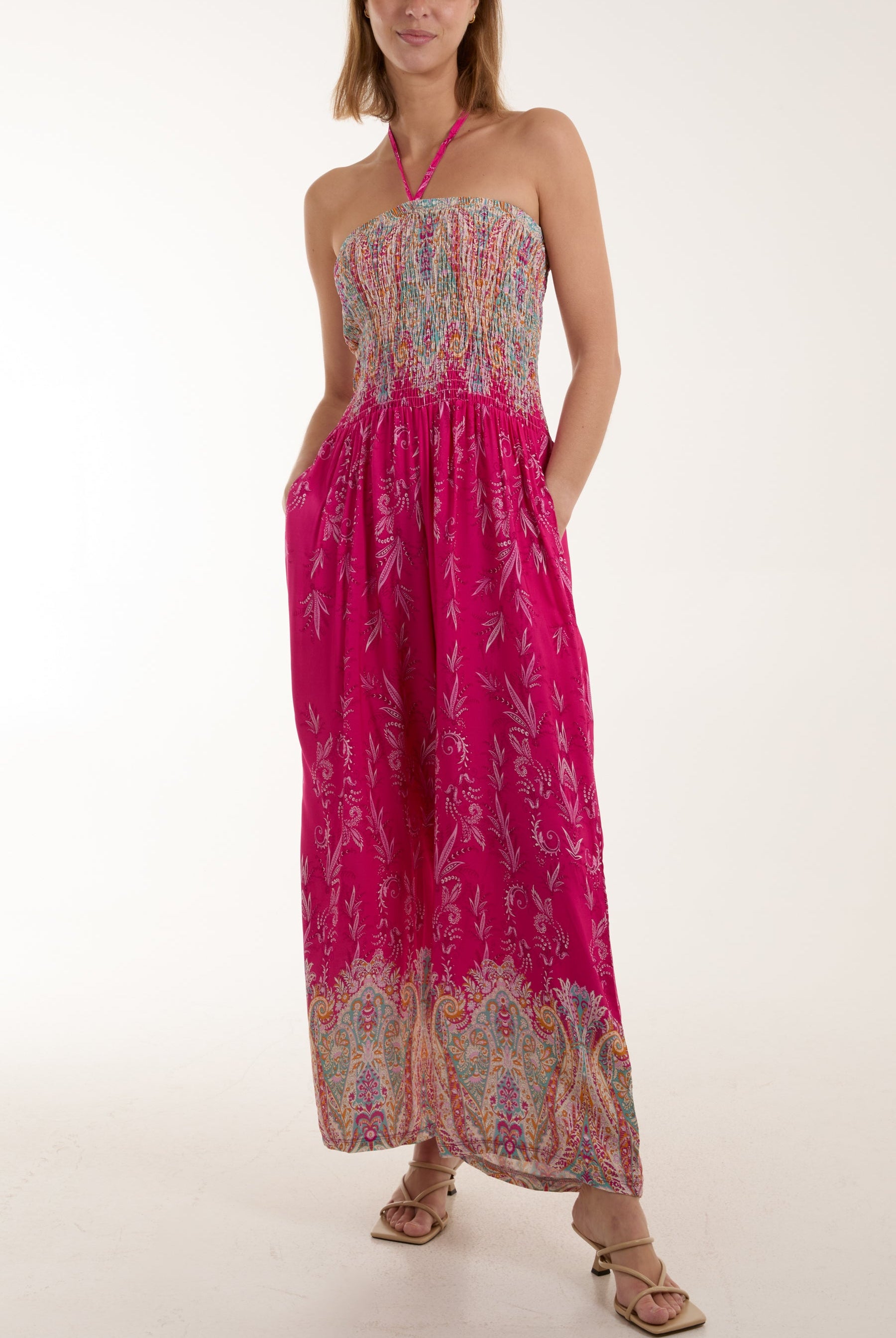 Floral Shirred Bandeau Jumpsuit Jumpsuits WearAll Fuchsia One Size