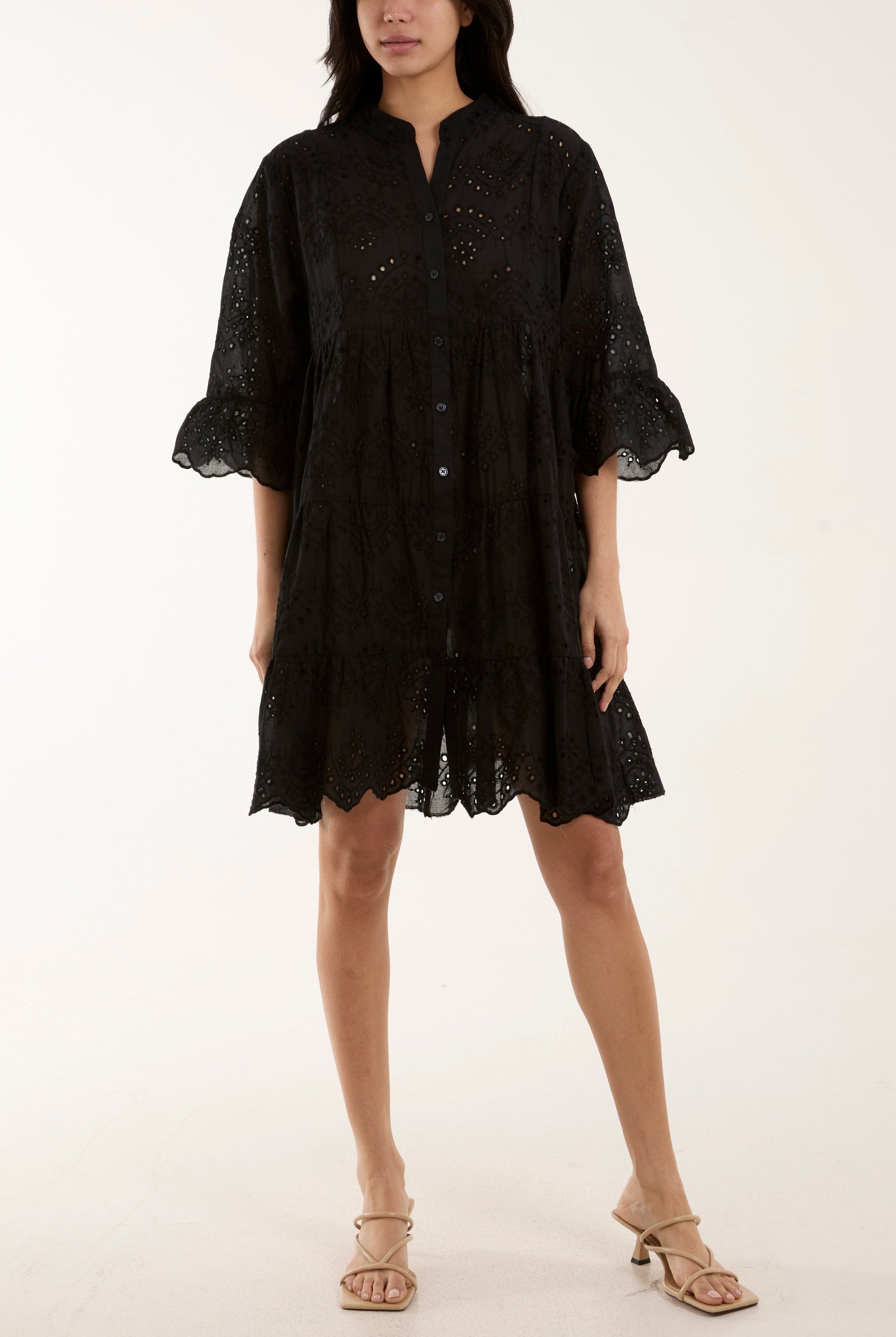 Broderie Anglaise Smock Shirt Dress Dresses WearAll Black One Size