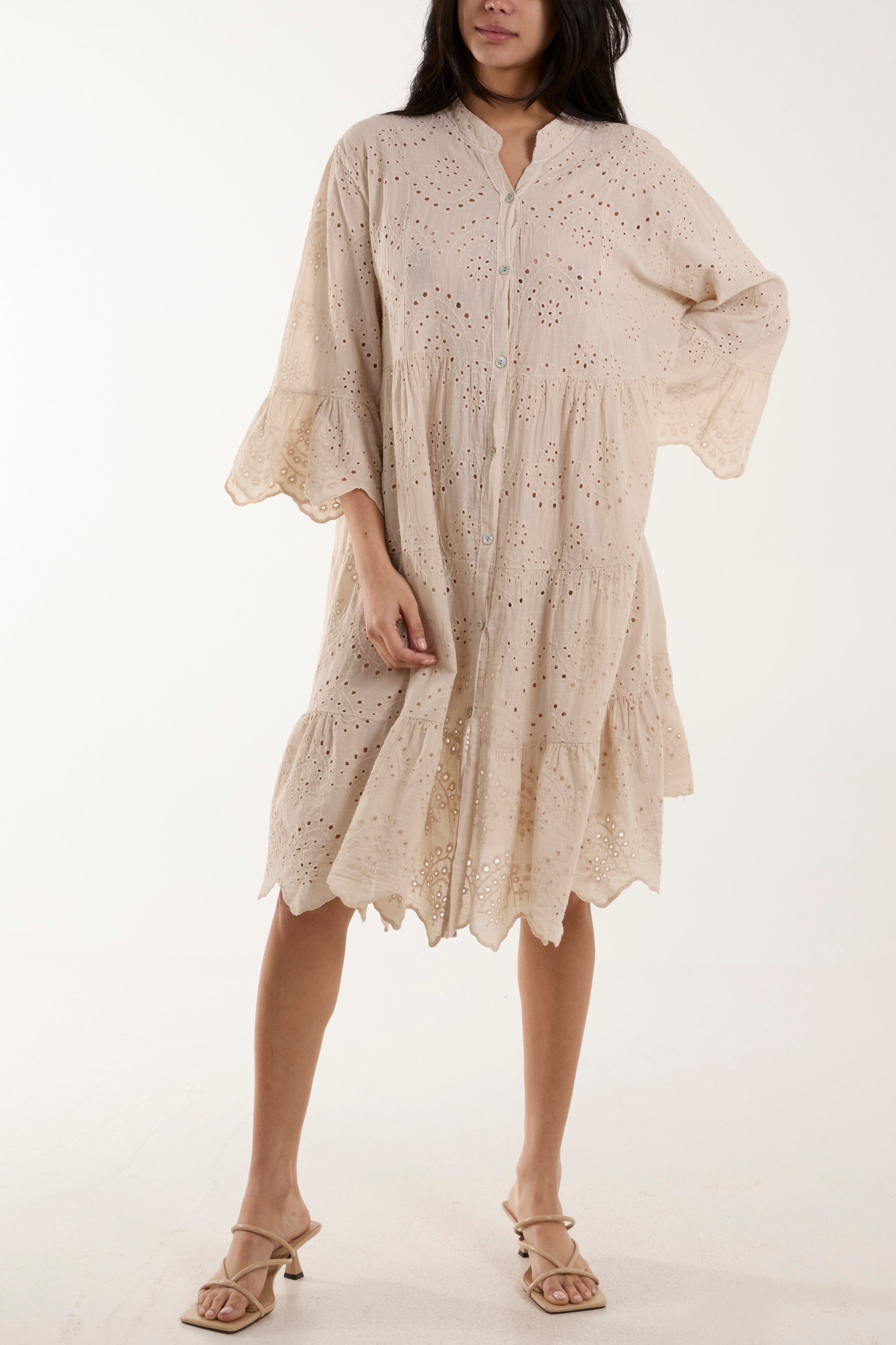 Broderie Anglaise Smock Shirt Dress Dresses WearAll Beige One Size