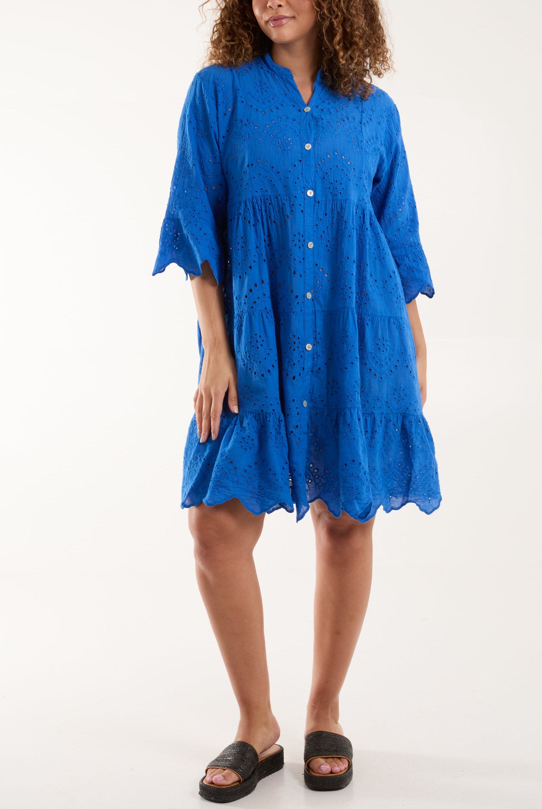 Broderie Anglaise Smock Shirt Dress Dresses WearAll Royal Blue One Size
