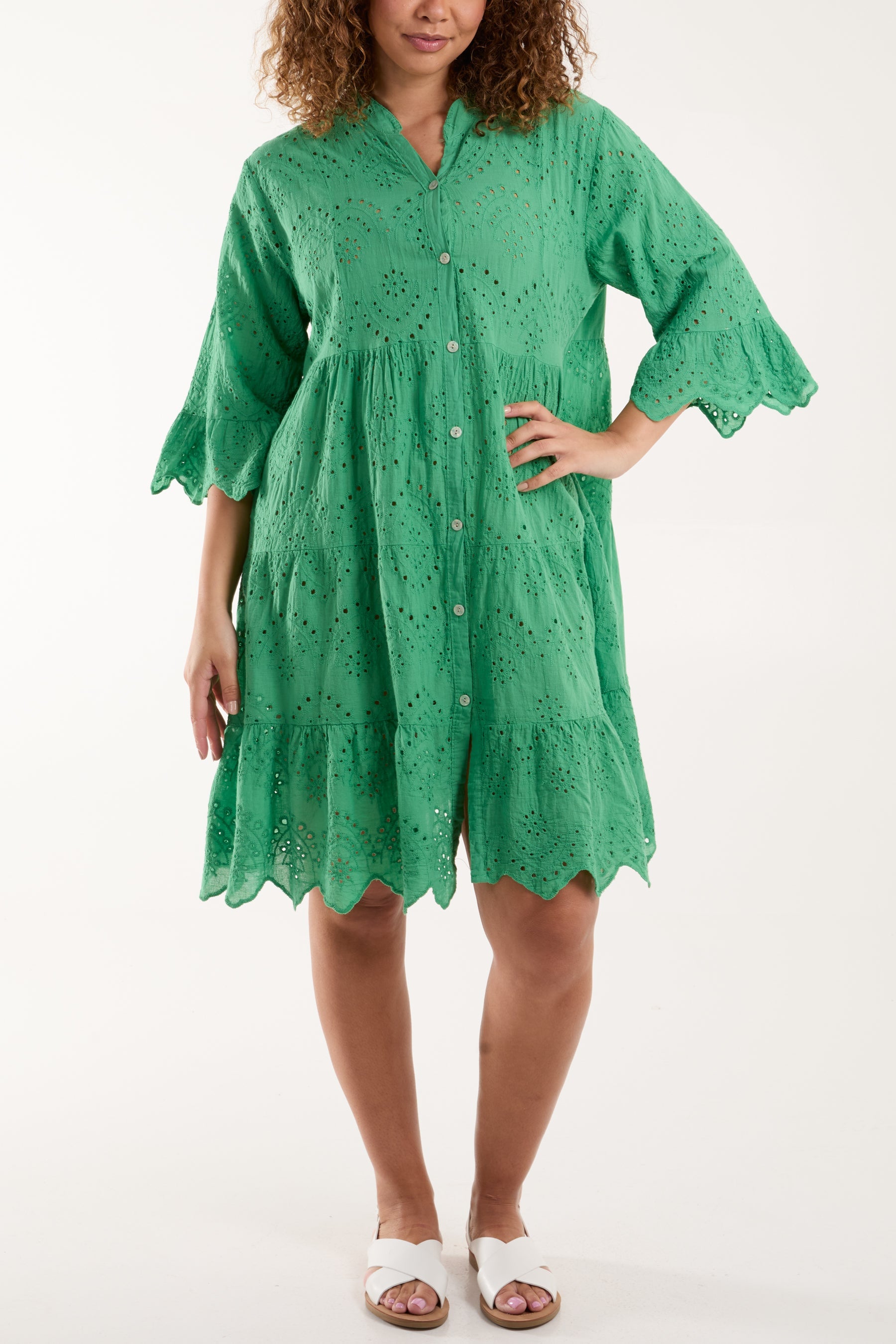 Broderie Anglaise Smock Shirt Dress Dresses WearAll Jade One Size