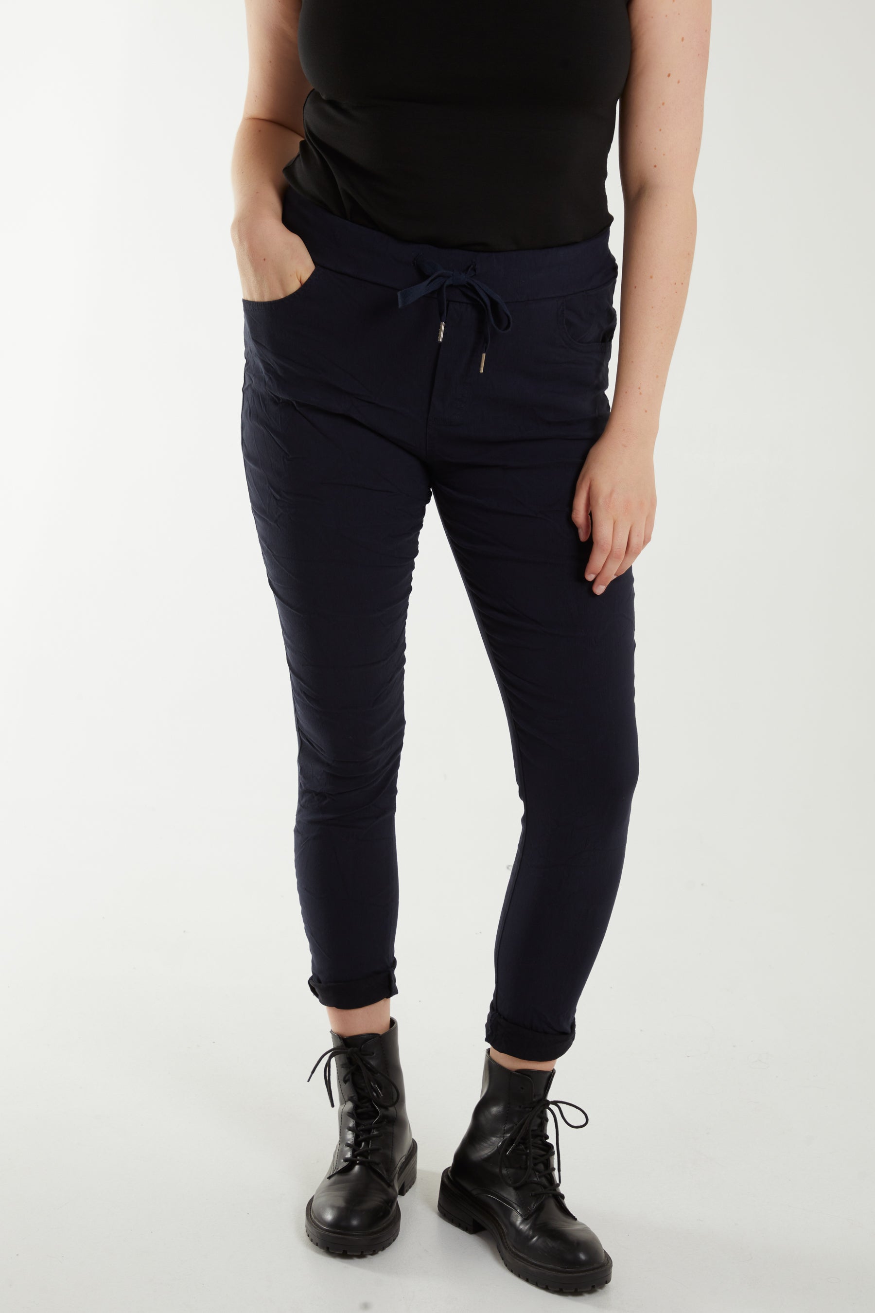 Magic Drawstring Pockets Crushed Trouser Trousers WearAll Navy One Size