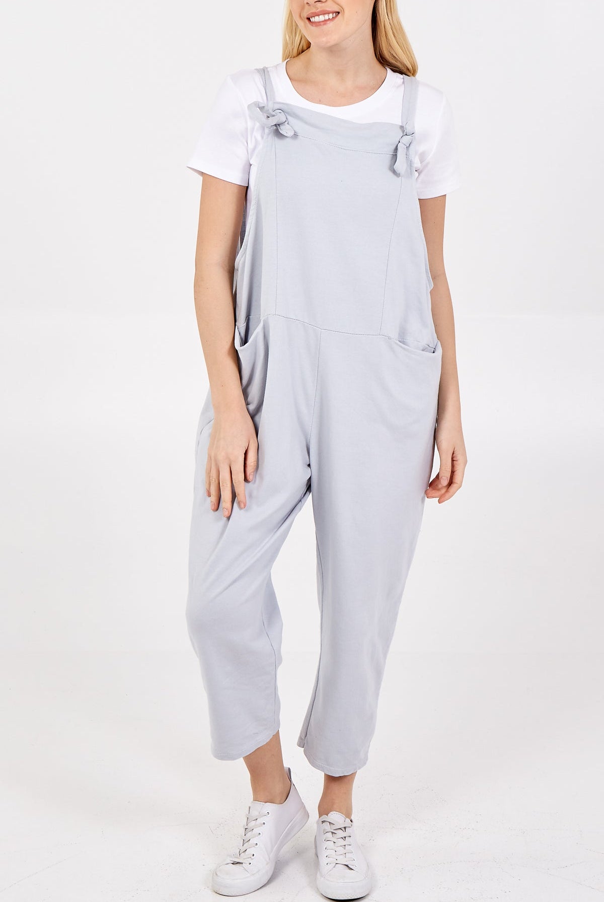 Bow Detail Plain Dungarees Jump/Play WearAll Light Grey One Size