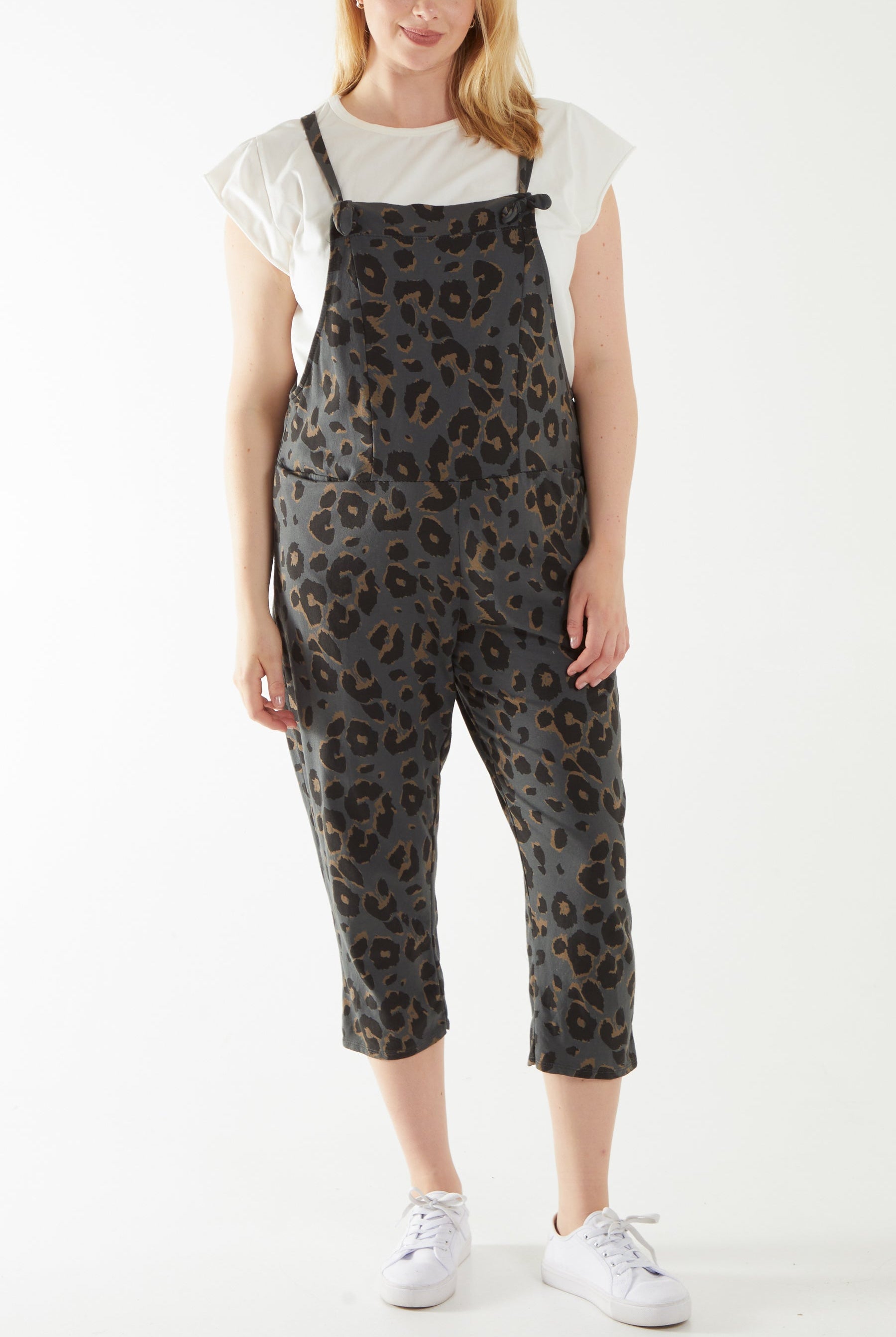 Leopard Print Dungarees Jump/Play WearAll Charcoal One Size