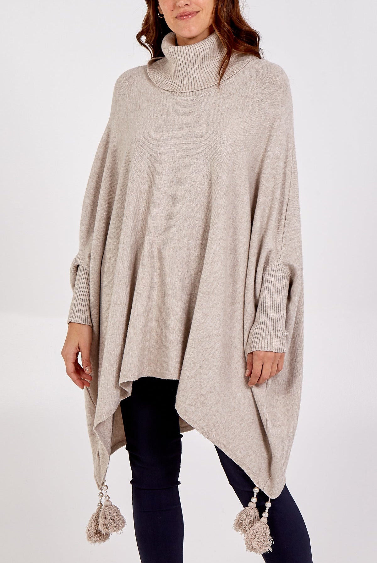 Roll Neck Tassel Poncho Style Jumper Cardigans & Ponchos WearAll Beige One Size
