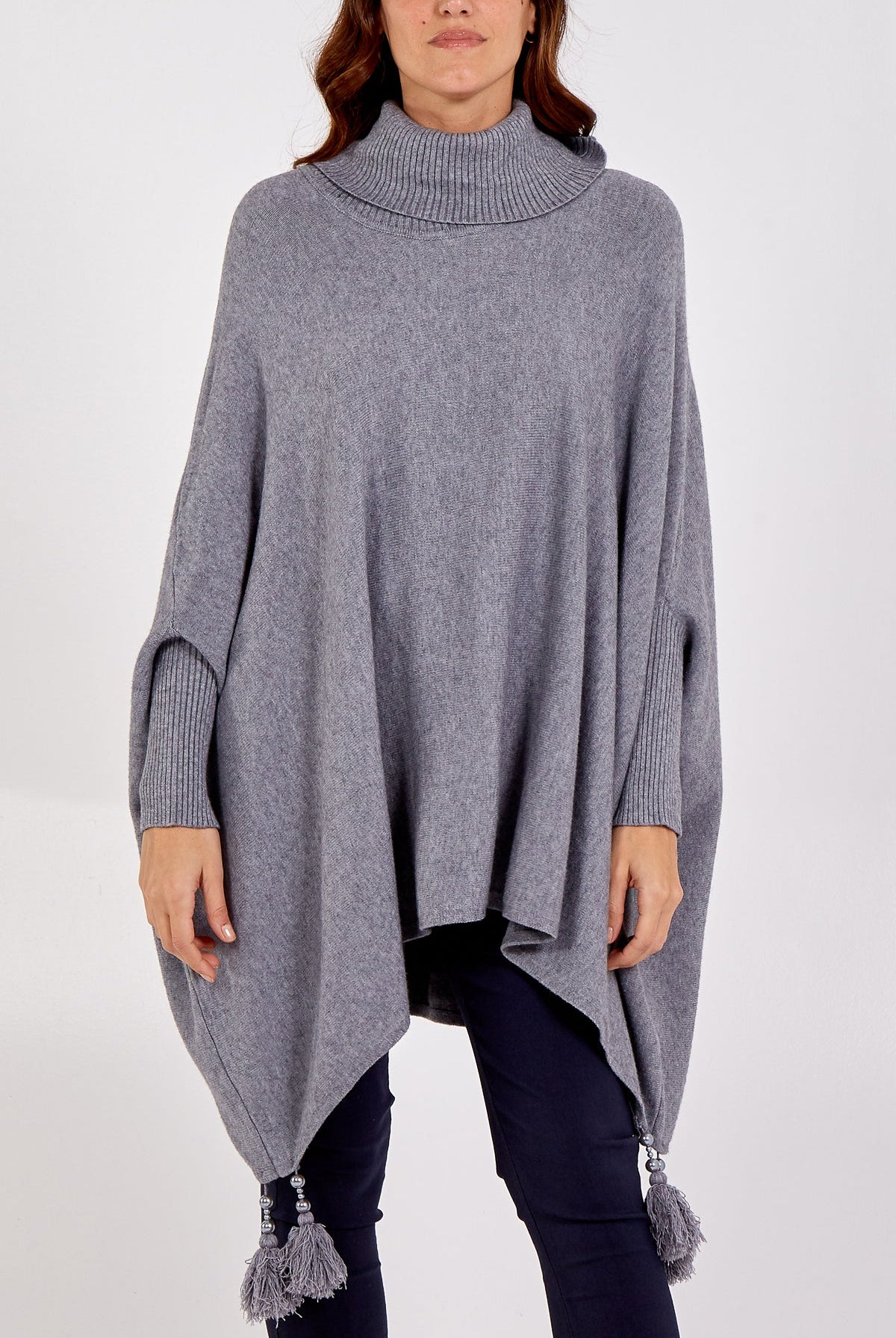 Roll Neck Tassel Poncho Style Jumper Cardigans & Ponchos WearAll Grey One Size