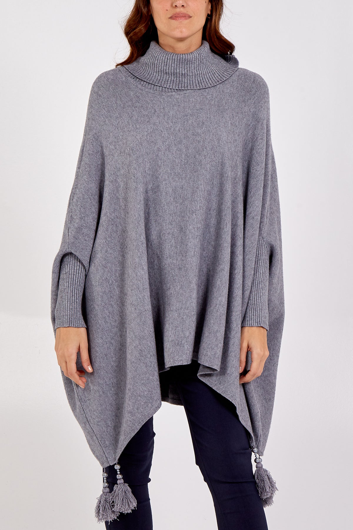 Roll Neck Tassel Poncho Style Jumper Cardigans & Ponchos WearAll Grey One Size