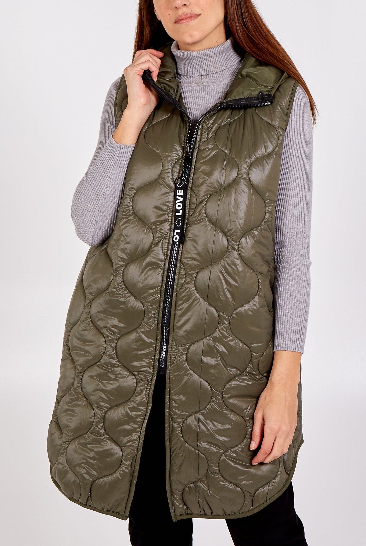 "Love" Zip Up Hooded Puffer Gillet JK1 WearAll Khaki One Size