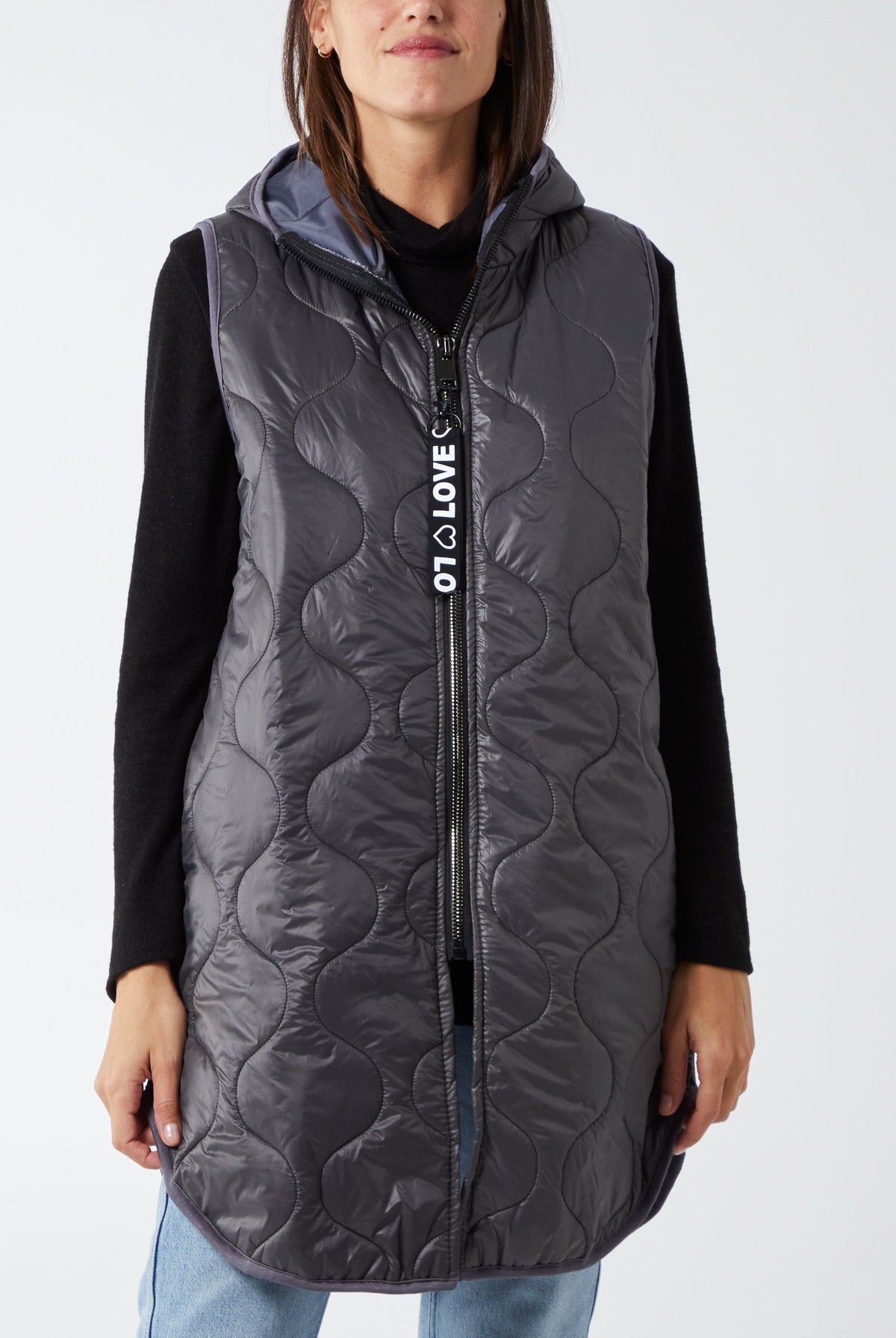 "Love" Zip Up Hooded Puffer Gillet JK1 WearAll Charcoal One Size