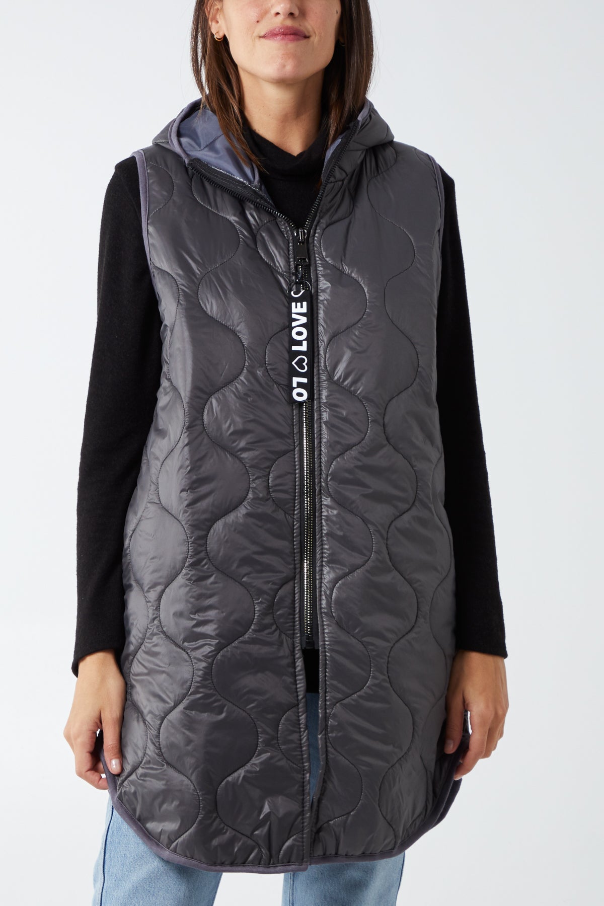 "Love" Zip Up Hooded Puffer Gillet JK1 WearAll Charcoal One Size