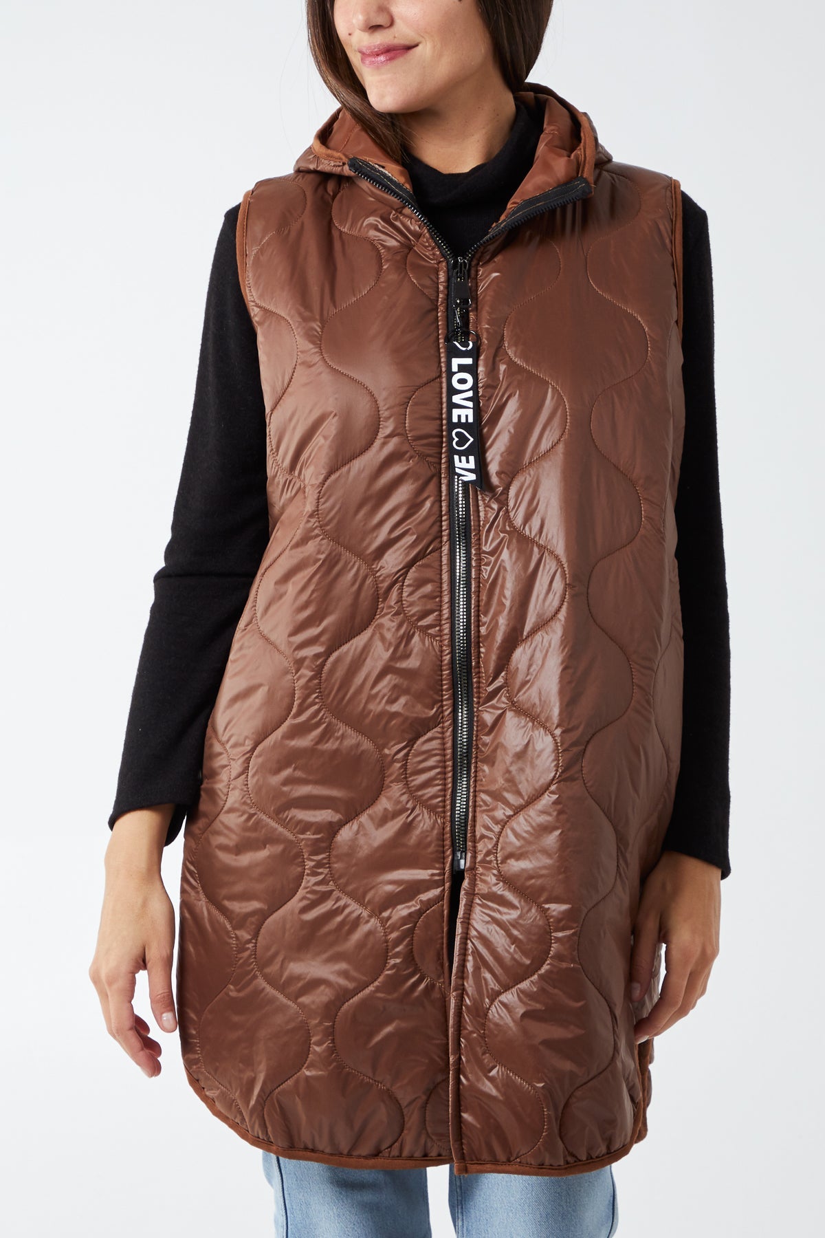 "Love" Zip Up Hooded Puffer Gillet JK1 WearAll Brown One Size