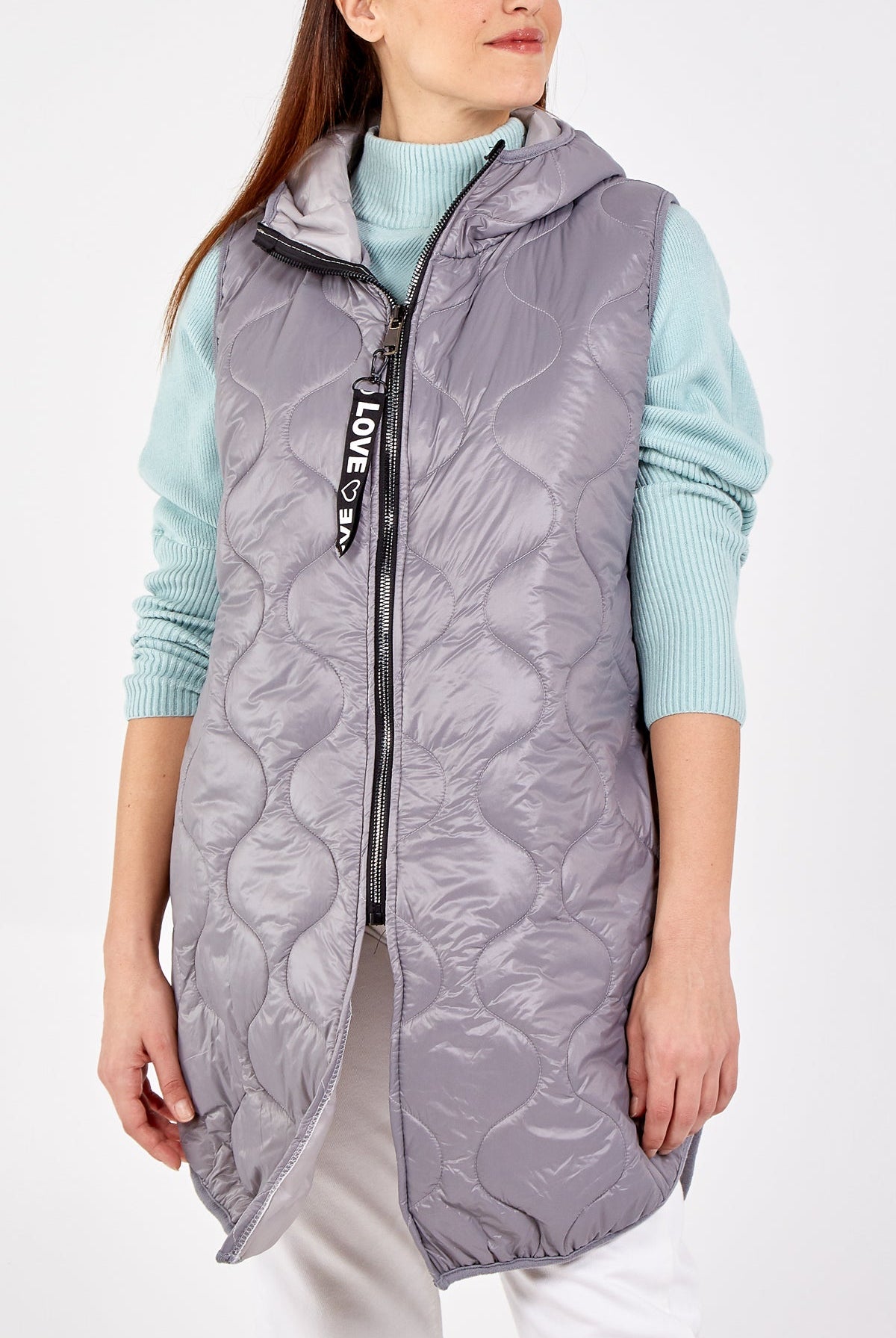 "Love" Zip Up Hooded Puffer Gillet JK1 WearAll Dark Grey One Size