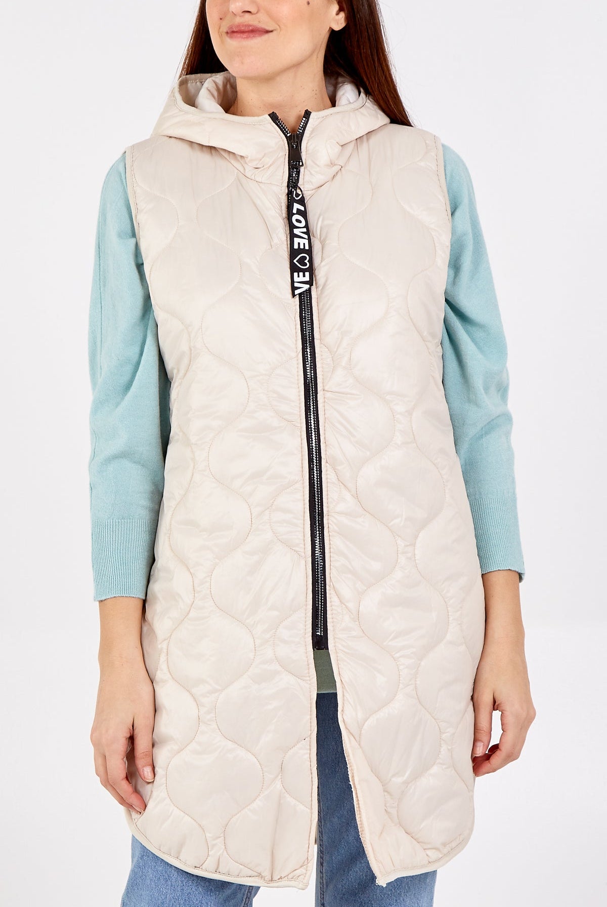 "Love" Zip Up Hooded Puffer Gillet JK1 WearAll Stone One Size