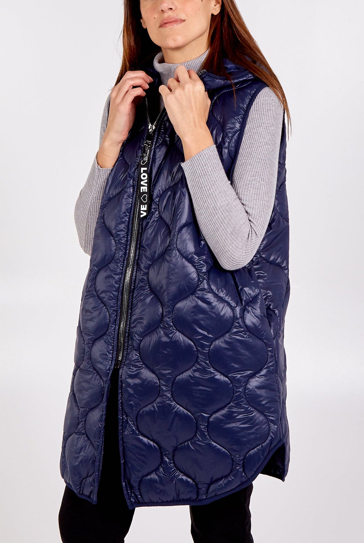 "Love" Zip Up Hooded Puffer Gillet JK1 WearAll Navy One Size