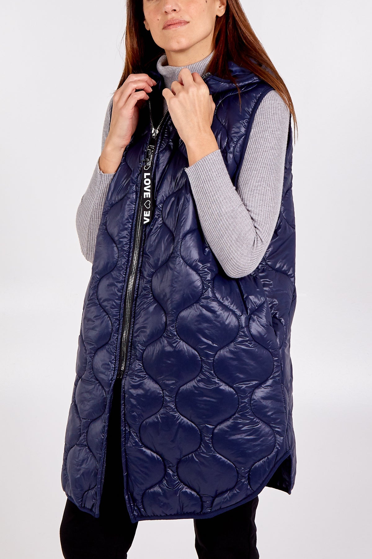 "Love" Zip Up Hooded Puffer Gillet JK1 WearAll Navy One Size