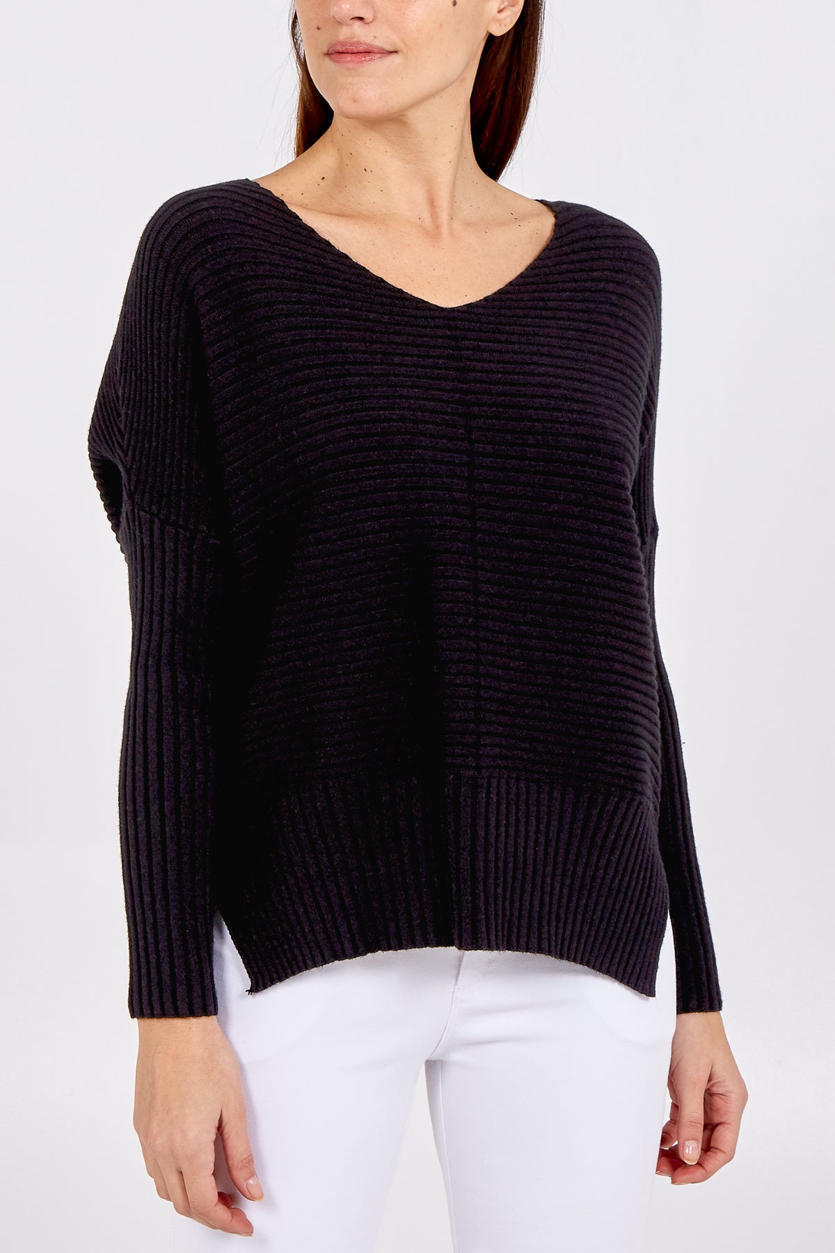 Ribbed Batwing Side Slit V-Neck Jumper JMF1 WearAll Black One Size