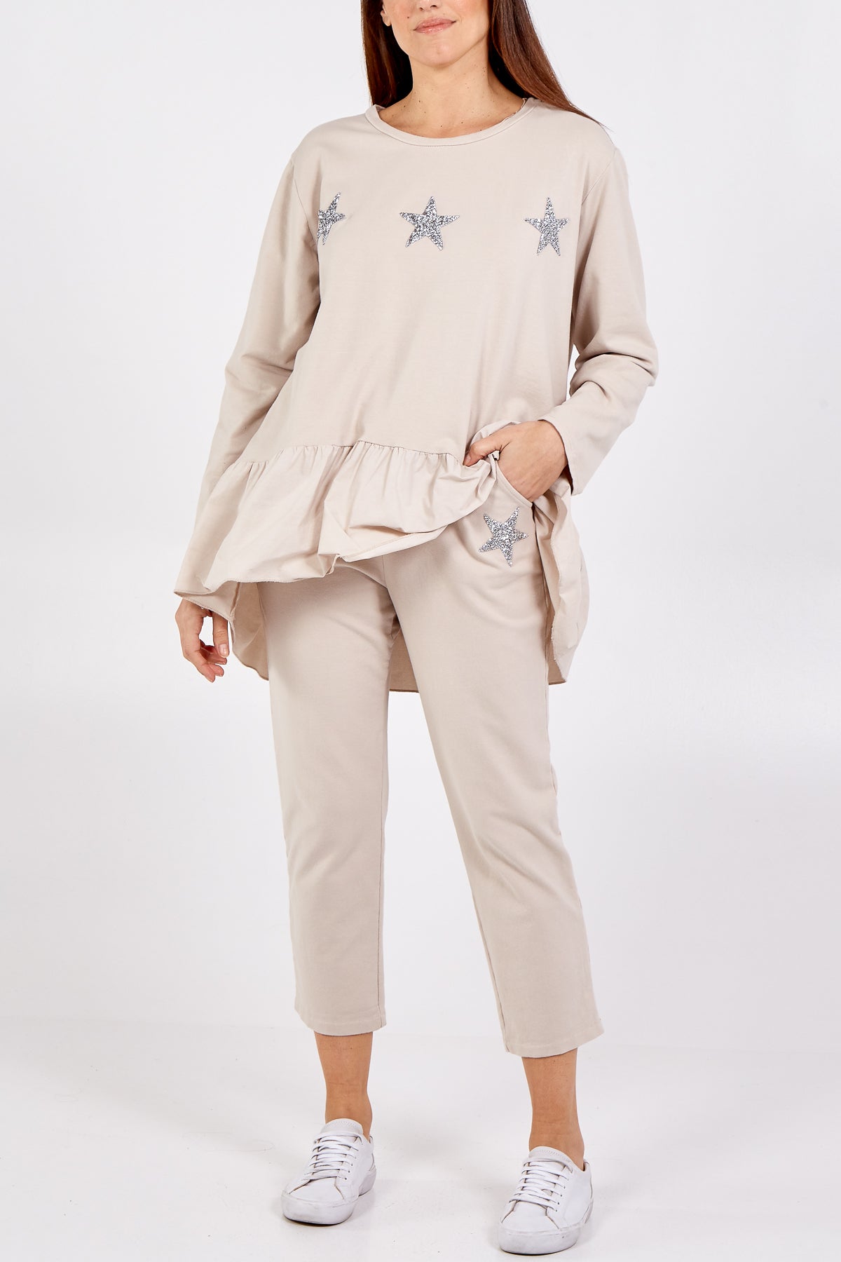 Asymmetrical Frill Hem Glitter Star Loungewear Set Set WearAll