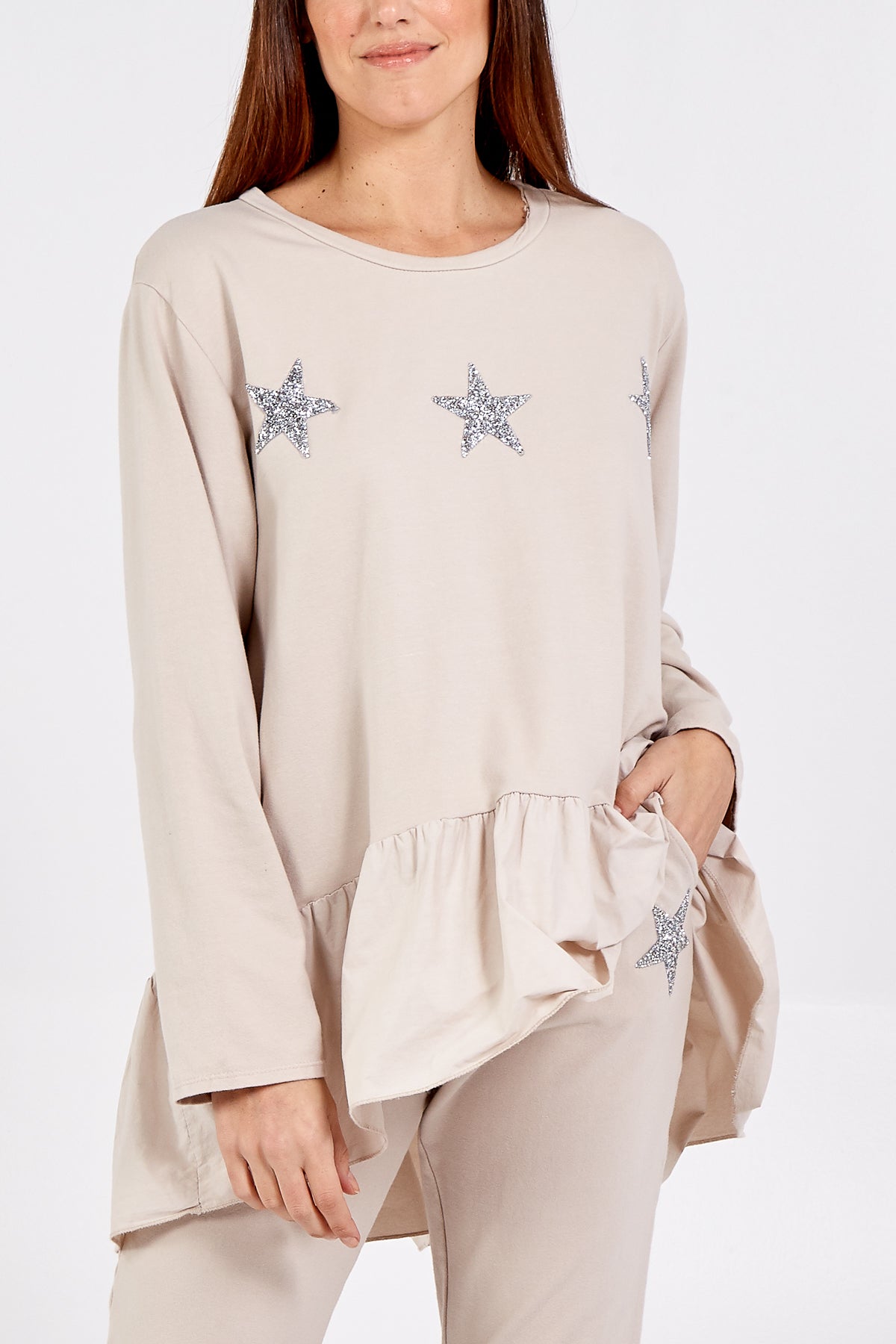 Asymmetrical Frill Hem Glitter Star Loungewear Set Set WearAll