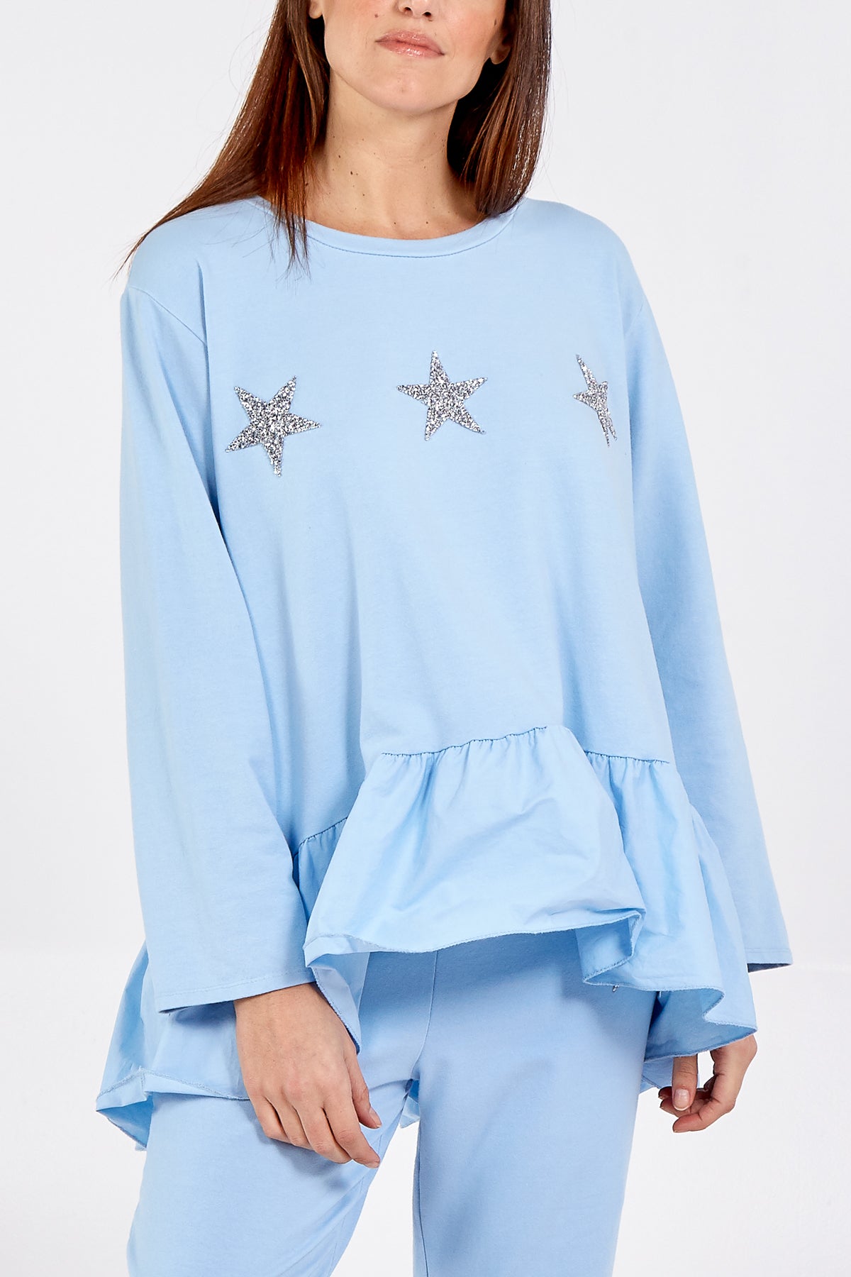 Asymmetrical Frill Hem Glitter Star Loungewear Set Set WearAll Sky Blue One Size