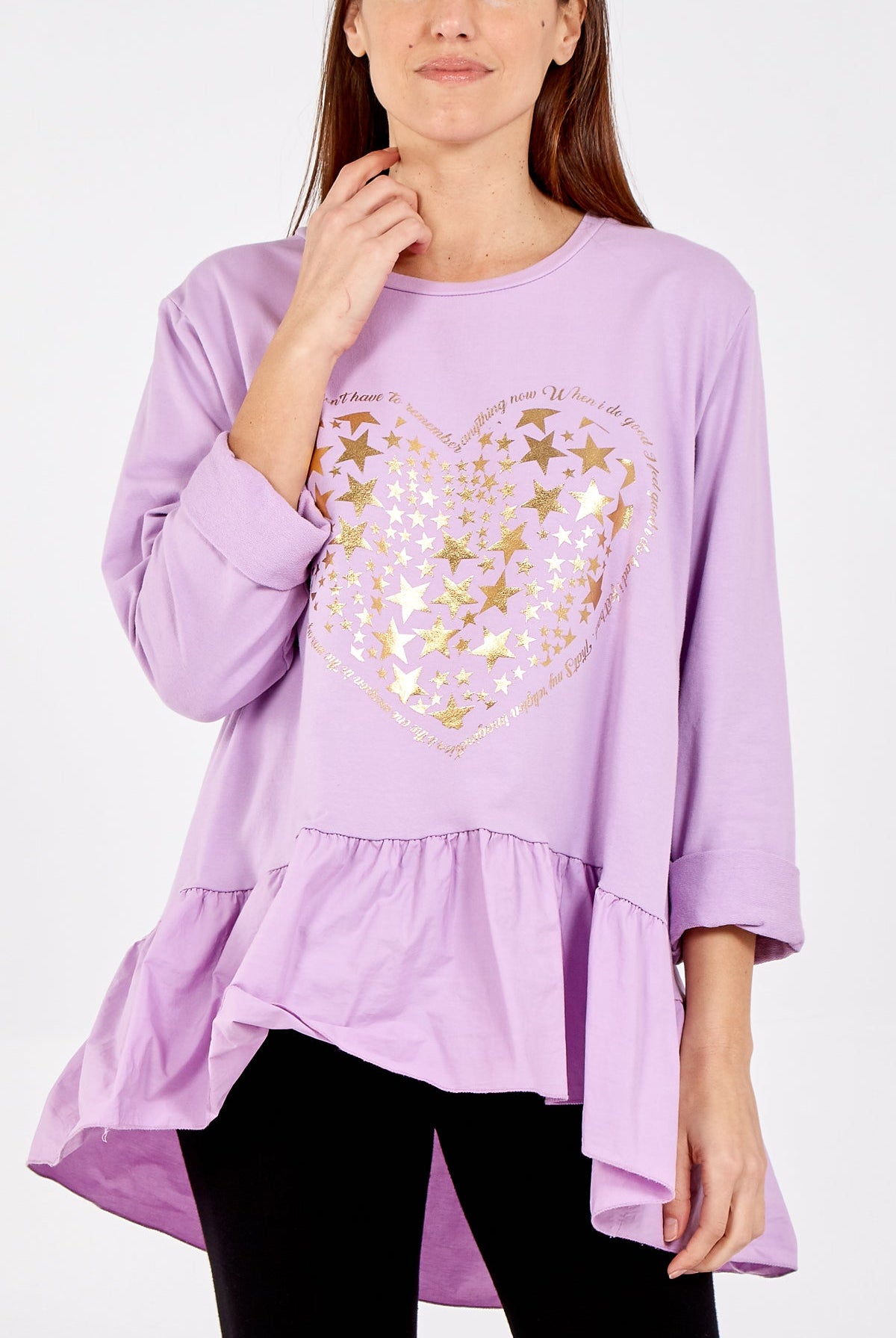 Gold Star Heart Top With Frill Trim TOPMF2 WearAll Lilac One Size