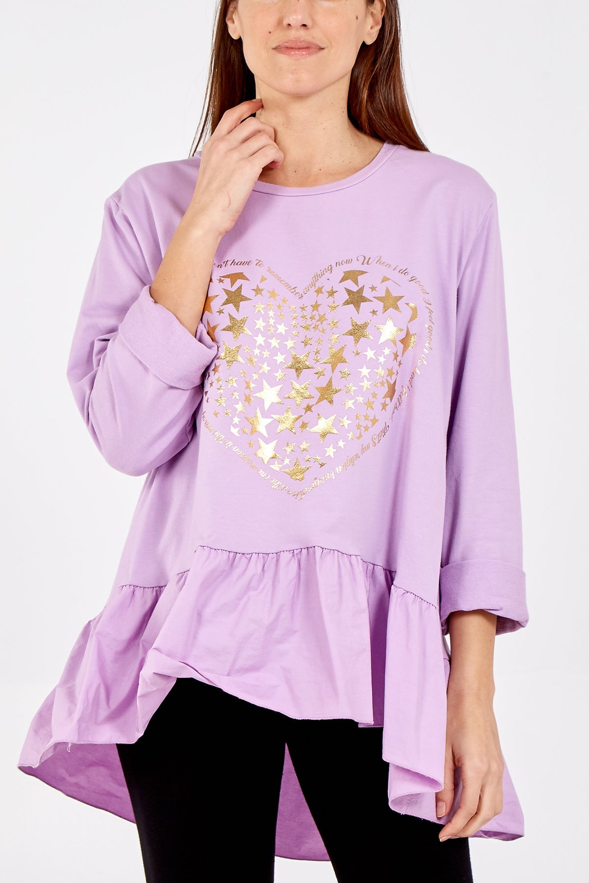 Gold Star Heart Top With Frill Trim TOPMF2 WearAll Lilac One Size