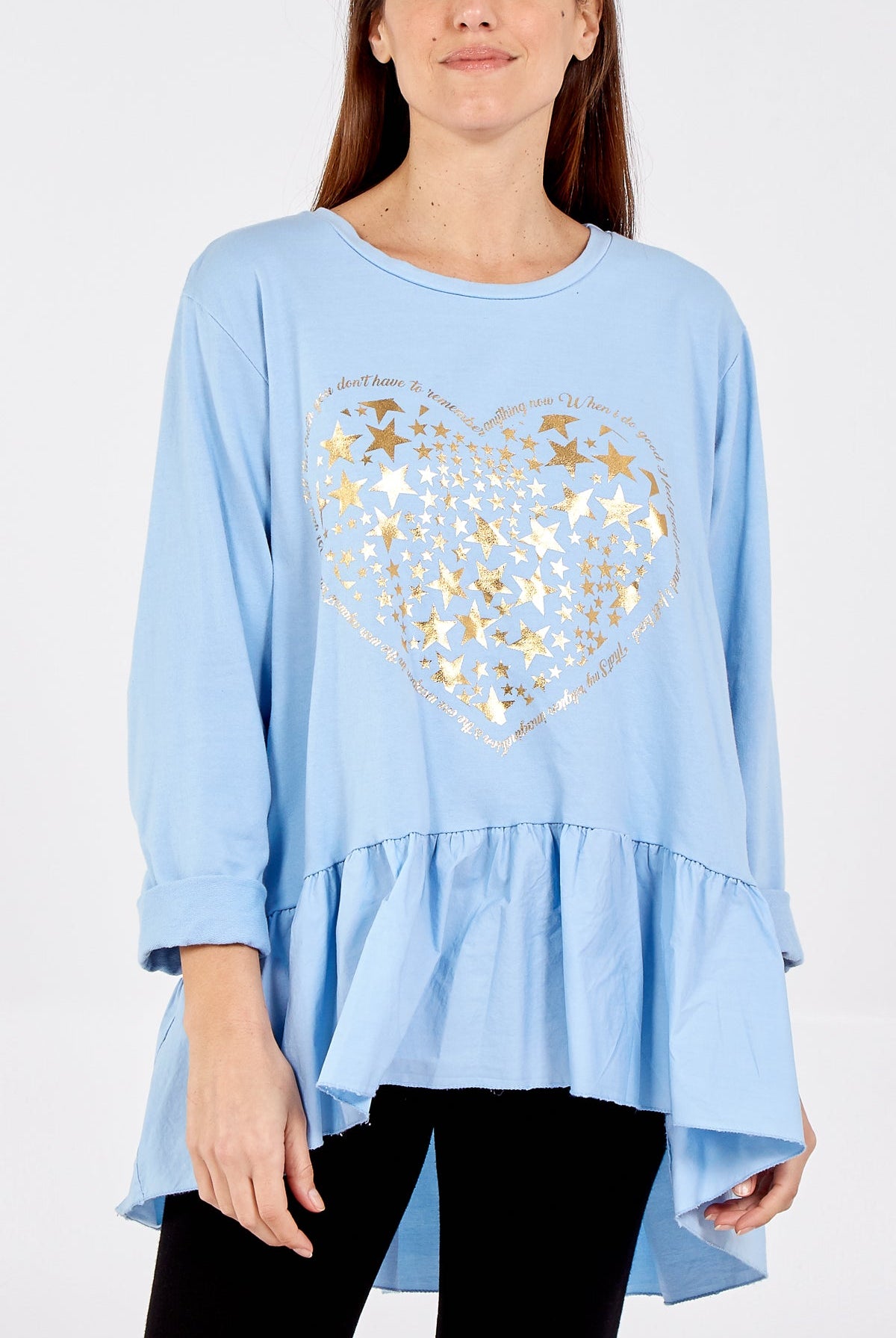 Gold Star Heart Top With Frill Trim TOPMF2 WearAll Sky Blue One Size