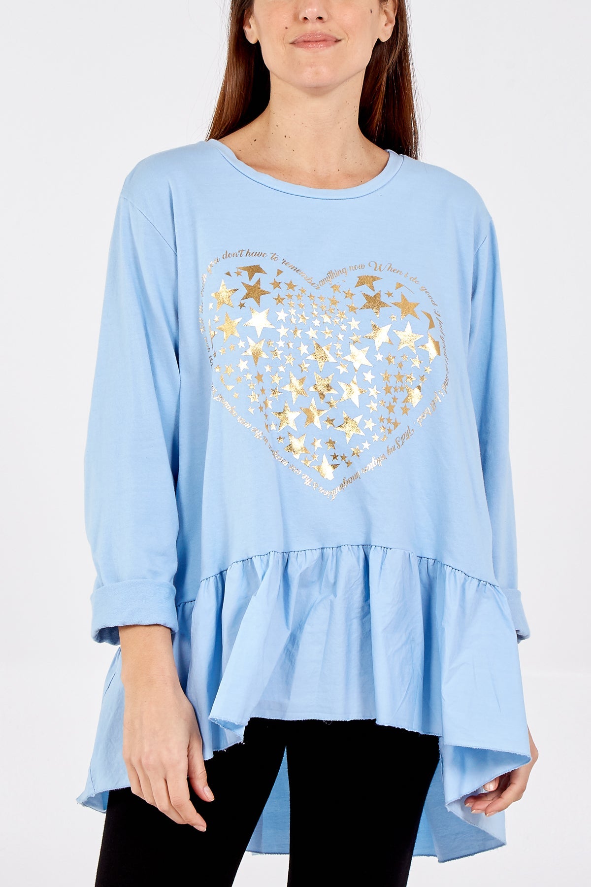 Gold Star Heart Top With Frill Trim TOPMF2 WearAll Sky Blue One Size