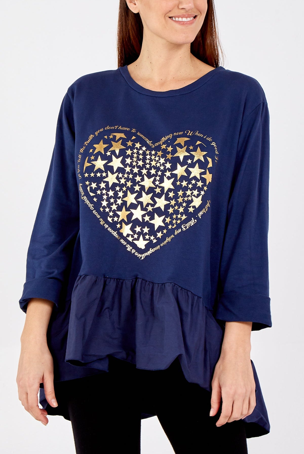Gold Star Heart Top With Frill Trim TOPMF2 WearAll Navy One Size