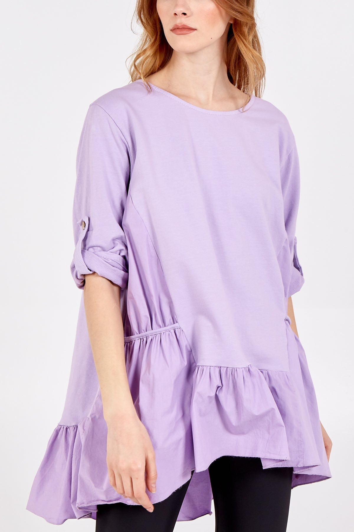 Frill Hem Elasticated Turn Back Sleeve Top TOPMF2 WearAll Lilac One Size