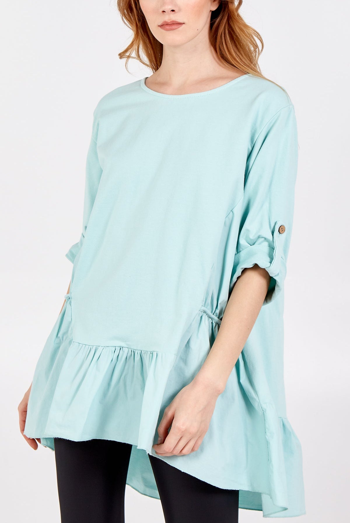 Frill Hem Elasticated Turn Back Sleeve Top TOPMF2 WearAll Mint One Size