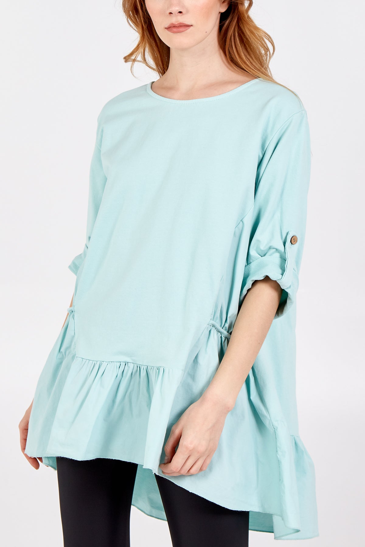 Frill Hem Elasticated Turn Back Sleeve Top TOPMF2 WearAll Mint One Size