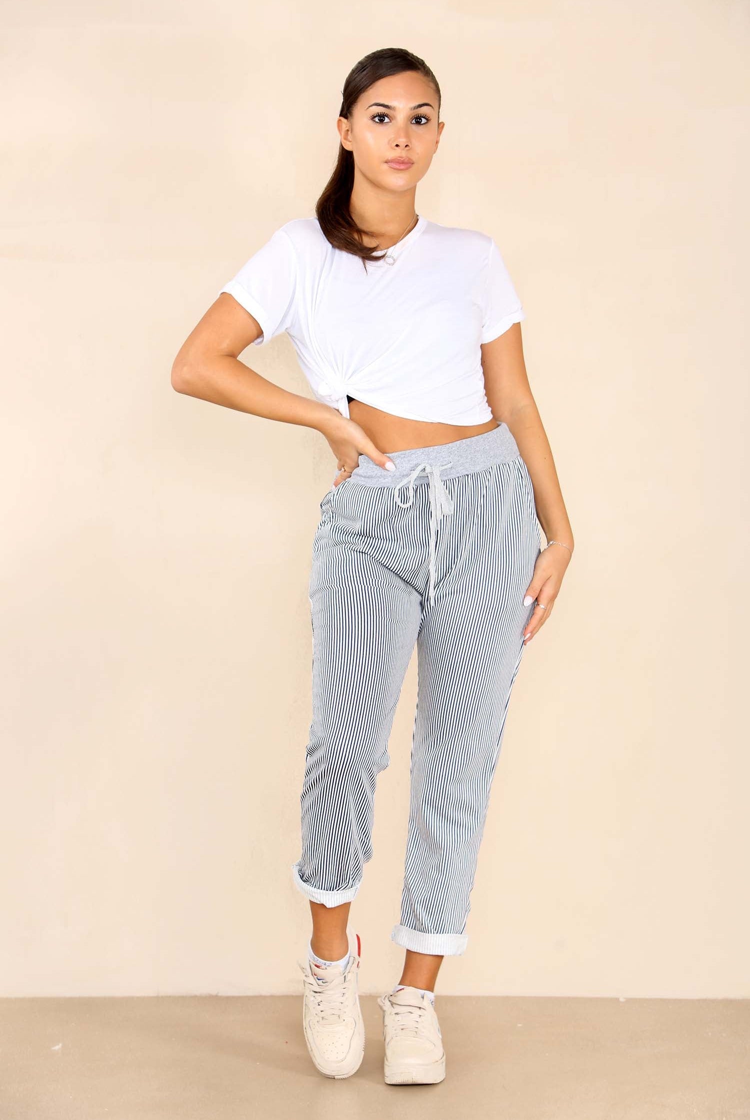 Italian Thin Stripes Print Drawstring Cotton Joggers Trouser WearAll