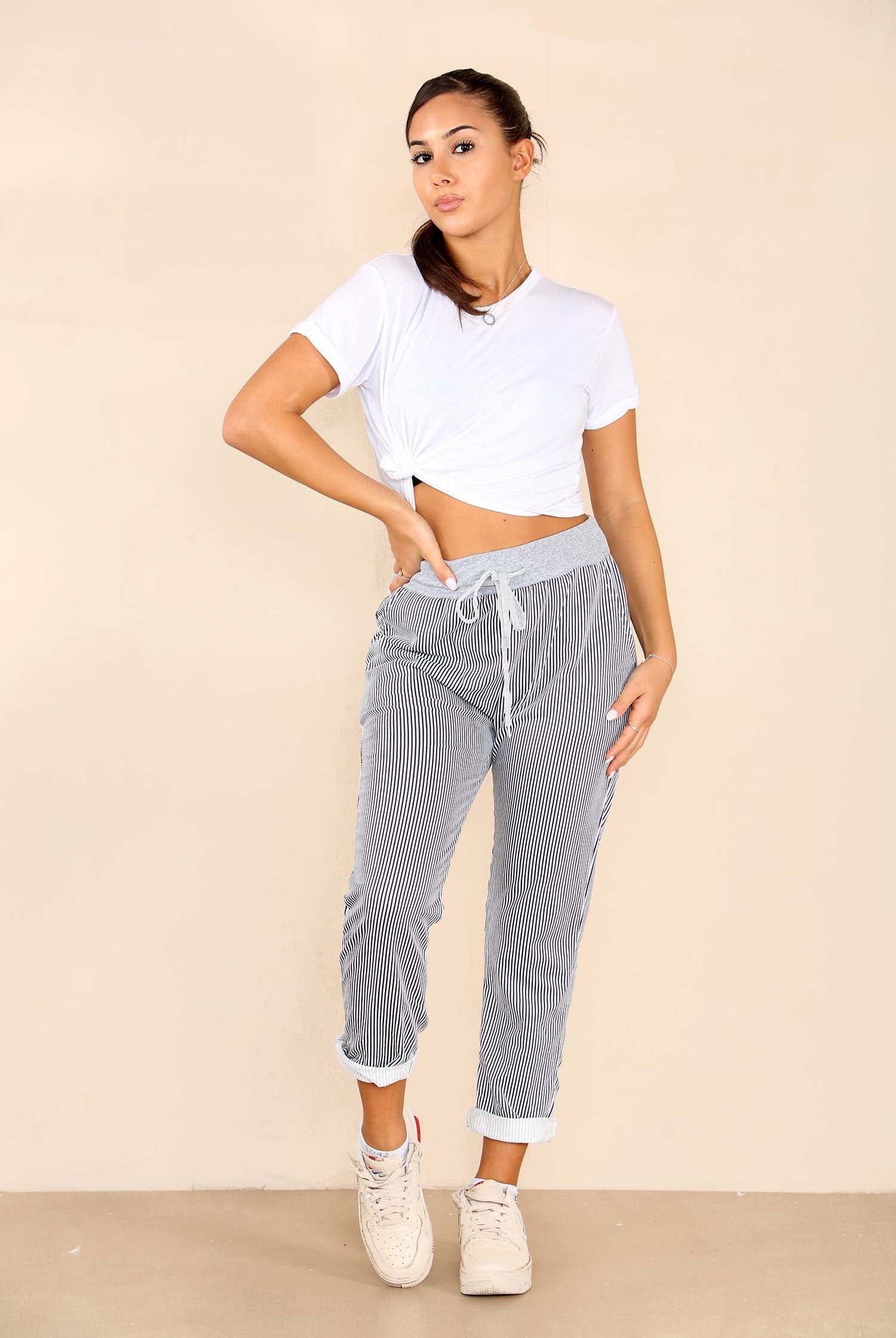 Plus Size Italian Thin Stripes Print Drawstring Cotton Joggers Trouser WearAll