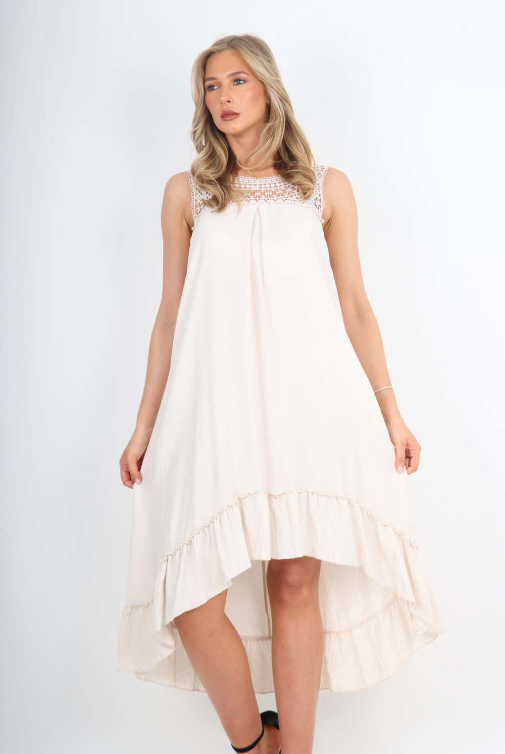 Italian Lace Neckline Dipped Hem Dress Dress WearAll Cream One Size (Fits UK 10-18)