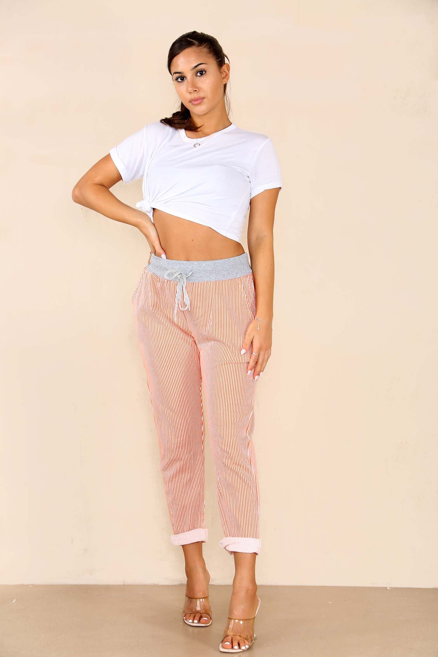 Plus Size Italian Thin Stripes Print Drawstring Cotton Joggers Trouser WearAll