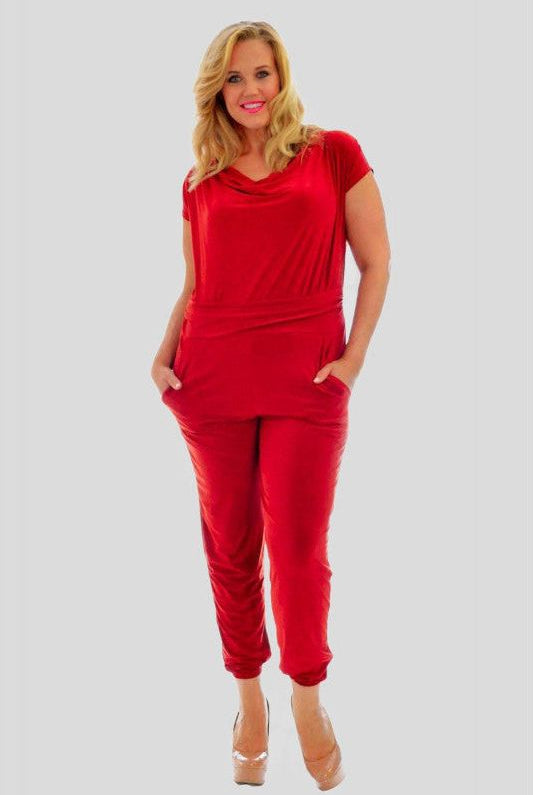 Plus Size Cowl Neck Pocket Belted Jumpsuits Jumpsuit WearAll Red 14