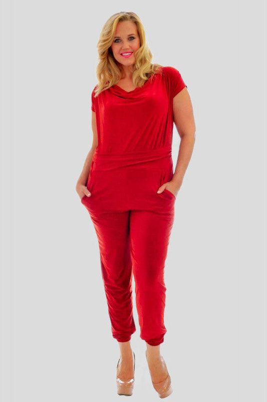 Plus Size Cowl Neck Pocket Belted Jumpsuits Jumpsuit WearAll Red 14