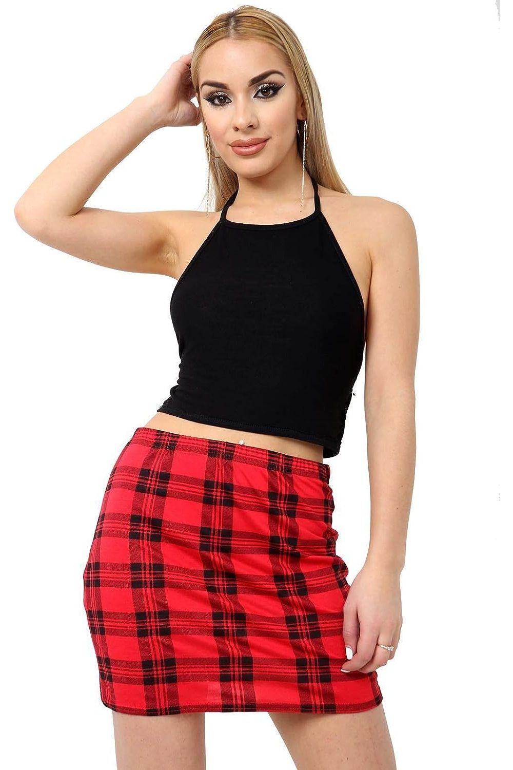 Plus Size Printed Mini Bodycon Short Skirts Skirt WearAll Red Tartan 16-18