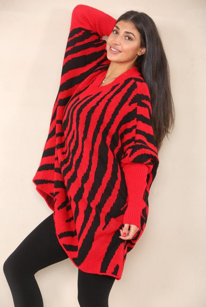 Oversized Zebra Print Jumper Top Shirts WearAll Red 12-24